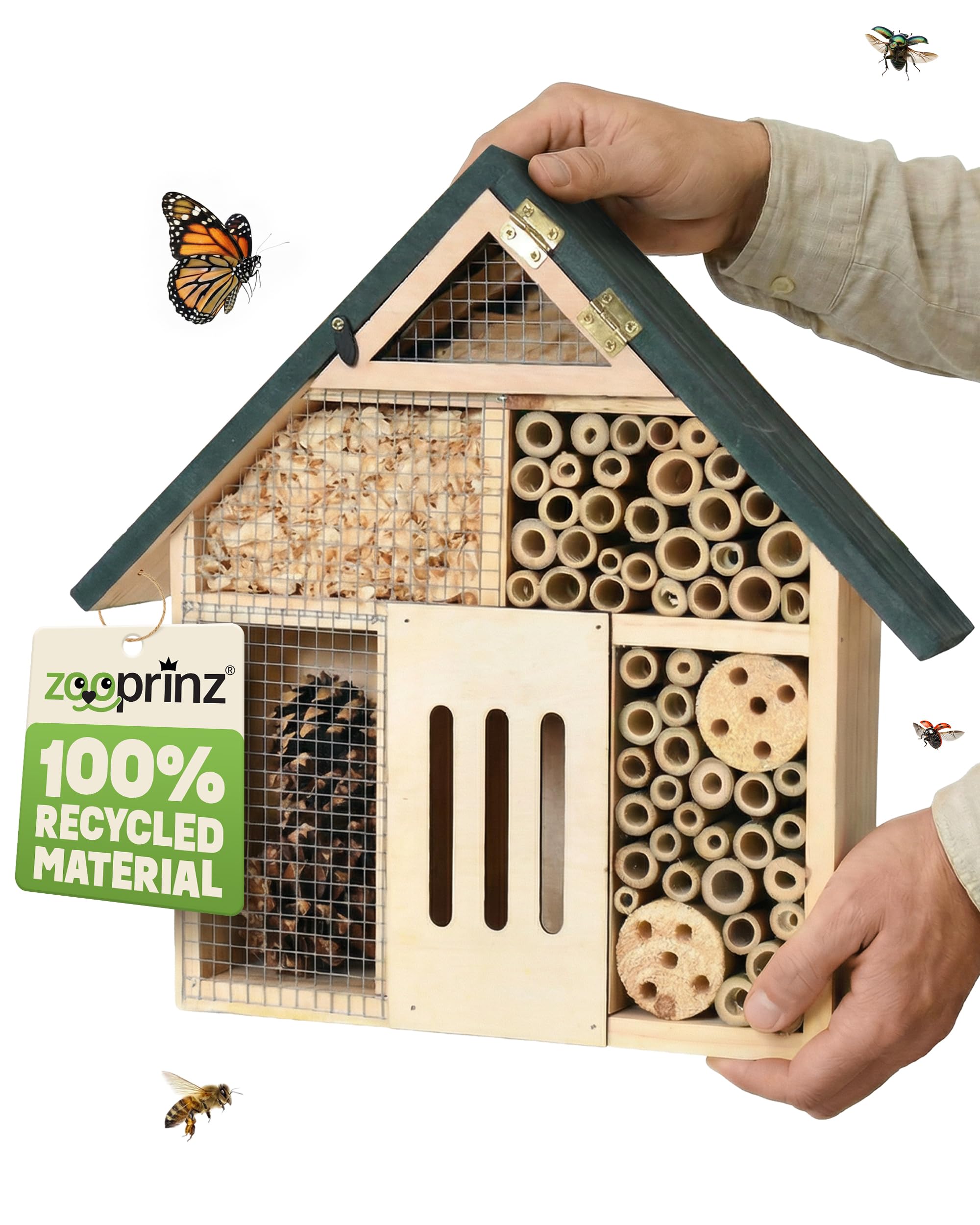 zooprinz Insektenhotel kompakt aus Holz 28,5 cm grünes Dach | Wetterfestes Insektenhaus und Bienenhotel, Nisthilfe mit Bambus-Röhrchen für Wildbienen, Garten und Balkon