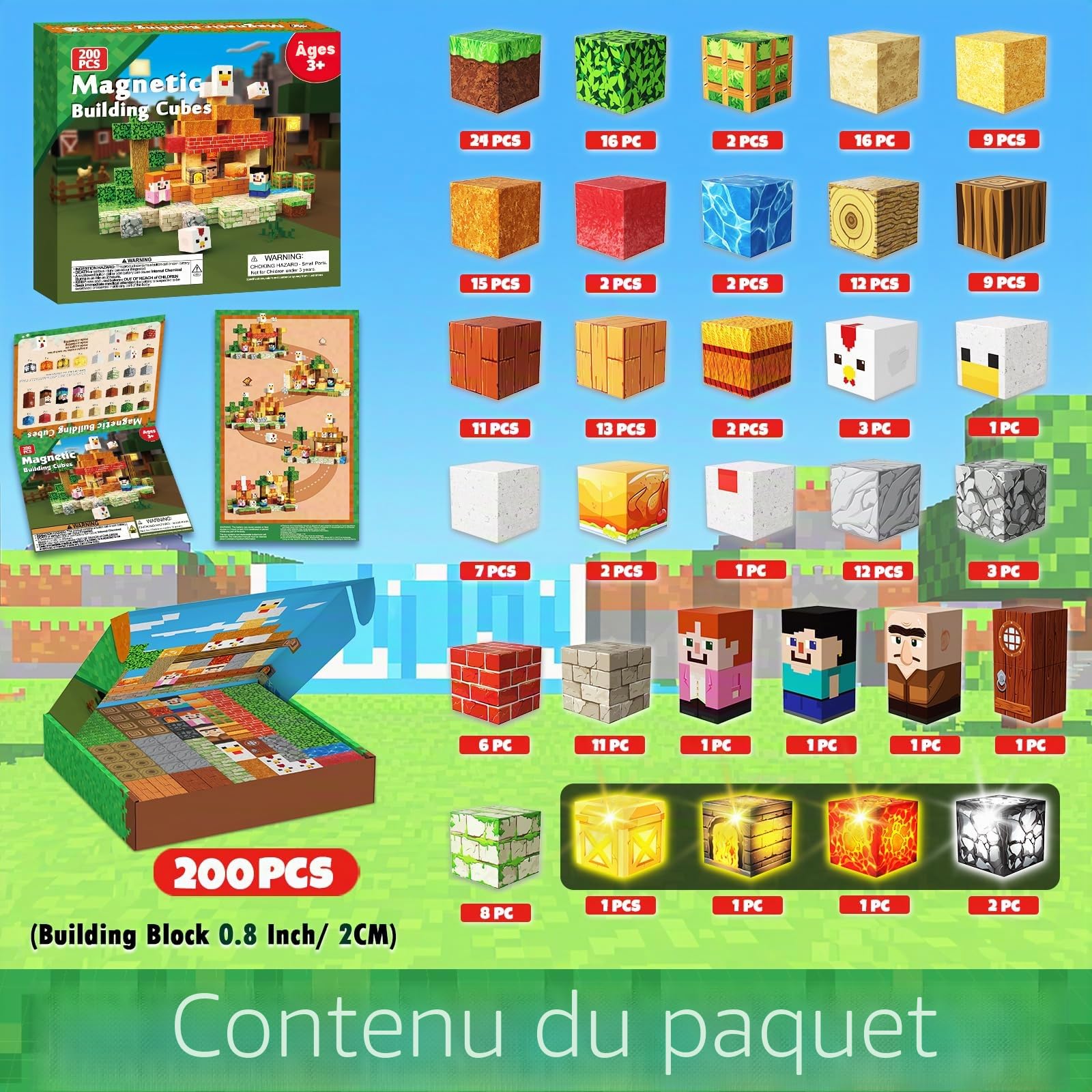 ToyUnited – Blocs magnétiques - Poulet rôti 200 pièces, Blocs de Construction magnétiques avec lumières Clignotantes, Carreaux à empiler, Jouets sensoriels STEM Montessori pour Enfants garçons Filles