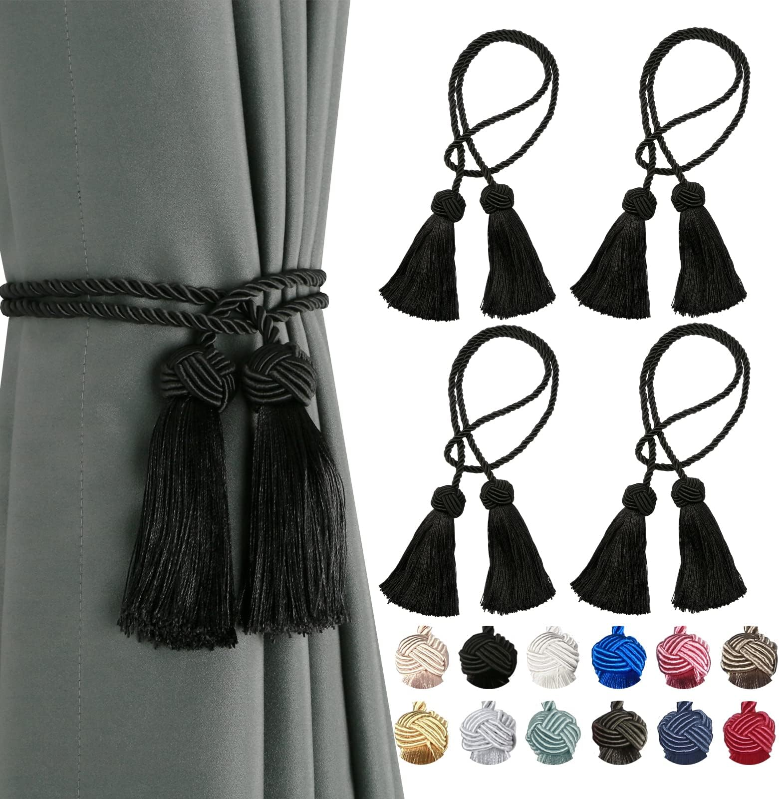 BEL AVENIR 4 Pack Curtain Handmade Tiebacks Decorative Curtain Holdbacks with Tassel (Black, 4 Pack)