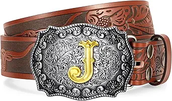 Western Cowboy Leather Belt Men Women, Gold Initial Letters ABCJMZ Buckle Embossed Belt for Jeans