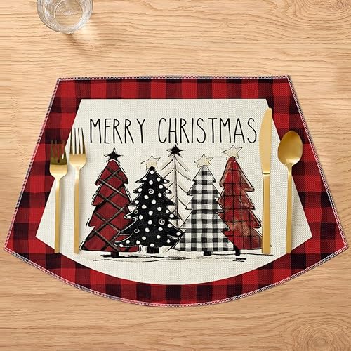 Miniatura 8 de Artoid Mode Waterclor Buffalo - Juego de 4 manteles individuales redondos con diseño de árboles de Navidad a cuadros de Navidad de 15 pulgadas para