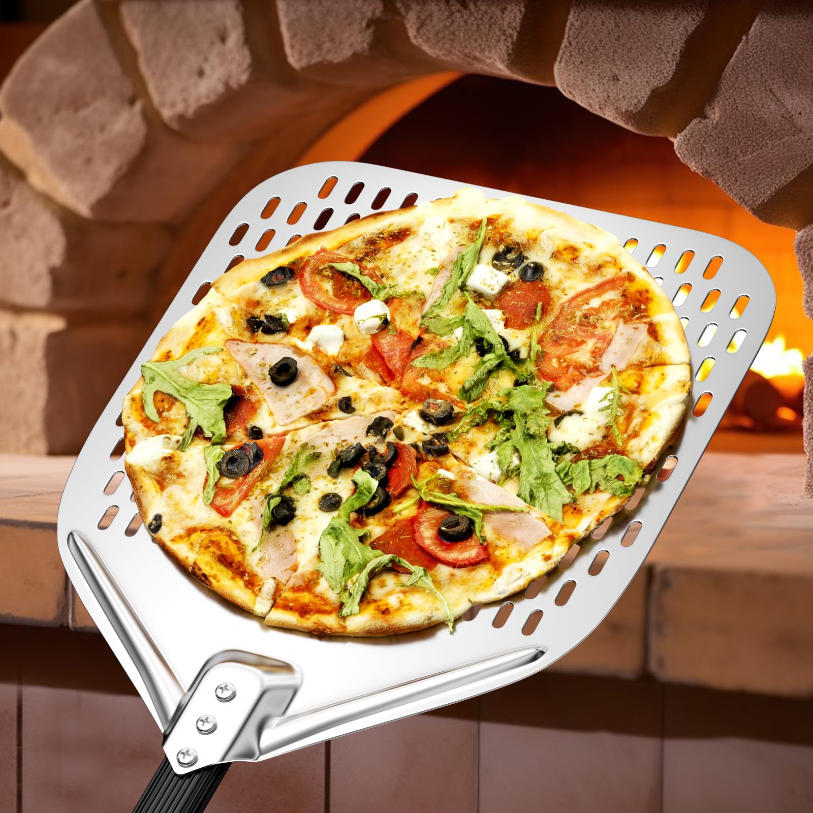 Maxentico Pala per Pizza, Paletta per Pizza, Pala Pizze Forata in Alluminio Anodizzato Duro, con Manico Lungo Rimovibile 40cm per Sollevare Pizze e Prodotti da Forno per Il Forno - Rettangolare