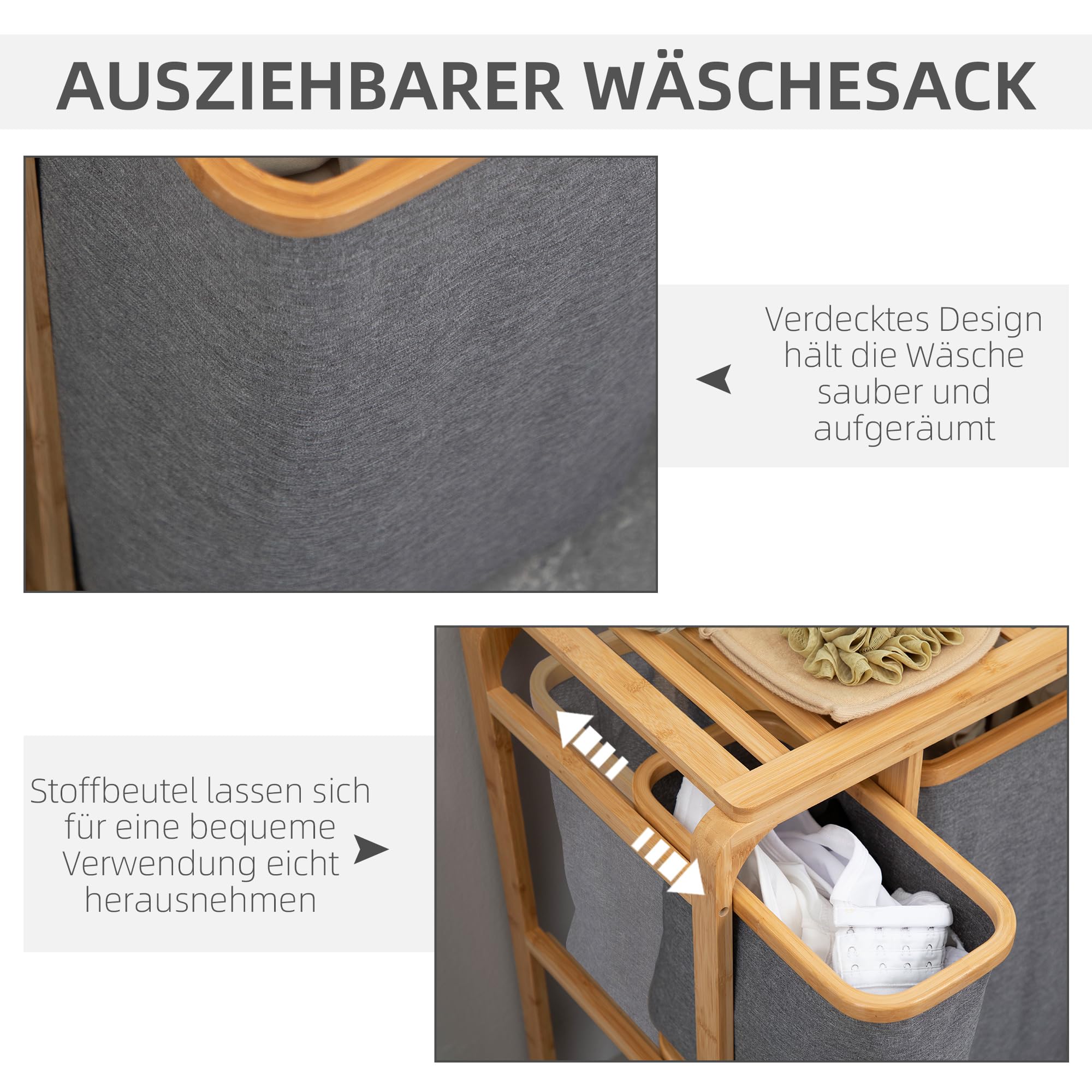 Wasmanden met plank Polly | Drie compartimenten | 92,5 x 33 x 72 cm | Wit - Modern Vasagle