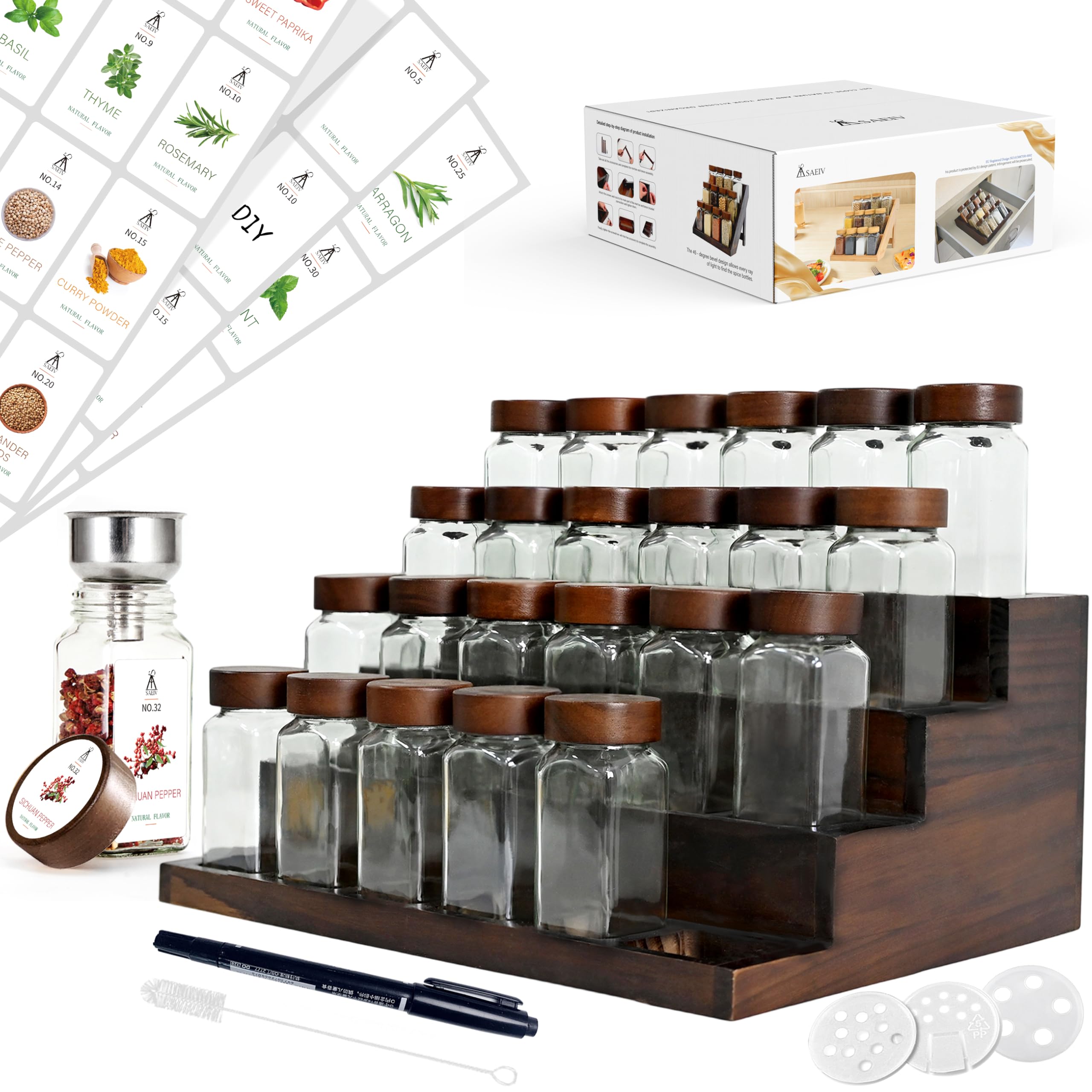SAEIV Zestaw przypraw, 24 x 120 ml, 2 w 1, drewno akacjowe, FCM®, szklane słoiki na przyprawy, prostokątne, szklane słoiki na przyprawy, organizer, pojemniki na przyprawy, pojemniki na przyprawy
