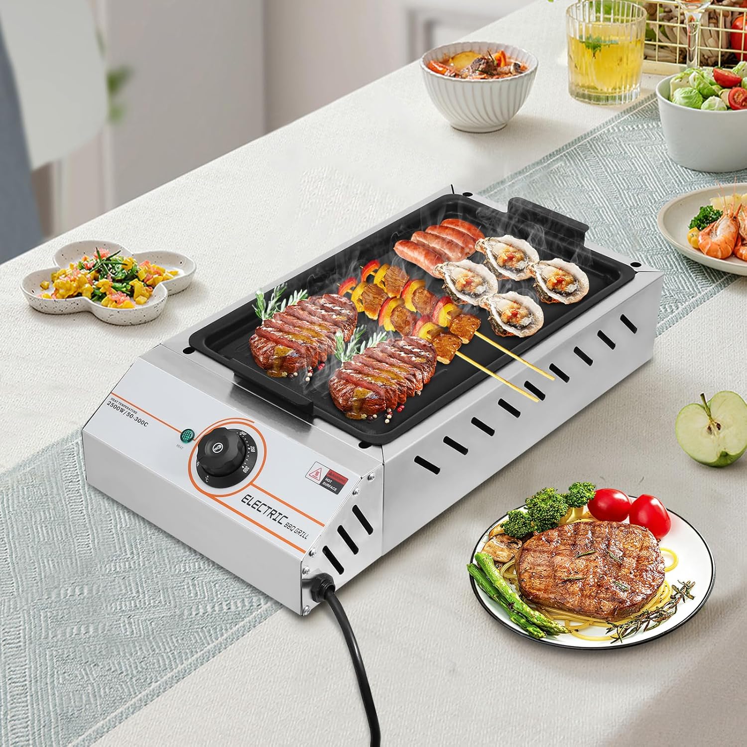 Portable Barbeque Pan Grill, 2500W Electric BBQ Grill, Barbecue Smokeless Cooking Bbq Oven, Double Headed BBQ Grill with Temperature Control Outdoor Grill for Picnic,Garden,Patio,Camping