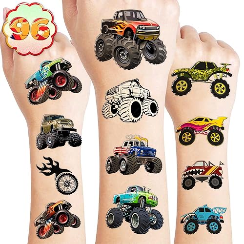 Tatuajes temporales de camión monstruo para niños, suministros de fiesta de cumpleaños, regalos súper lindos falsos 96 piezas de tatuajes adhesivos