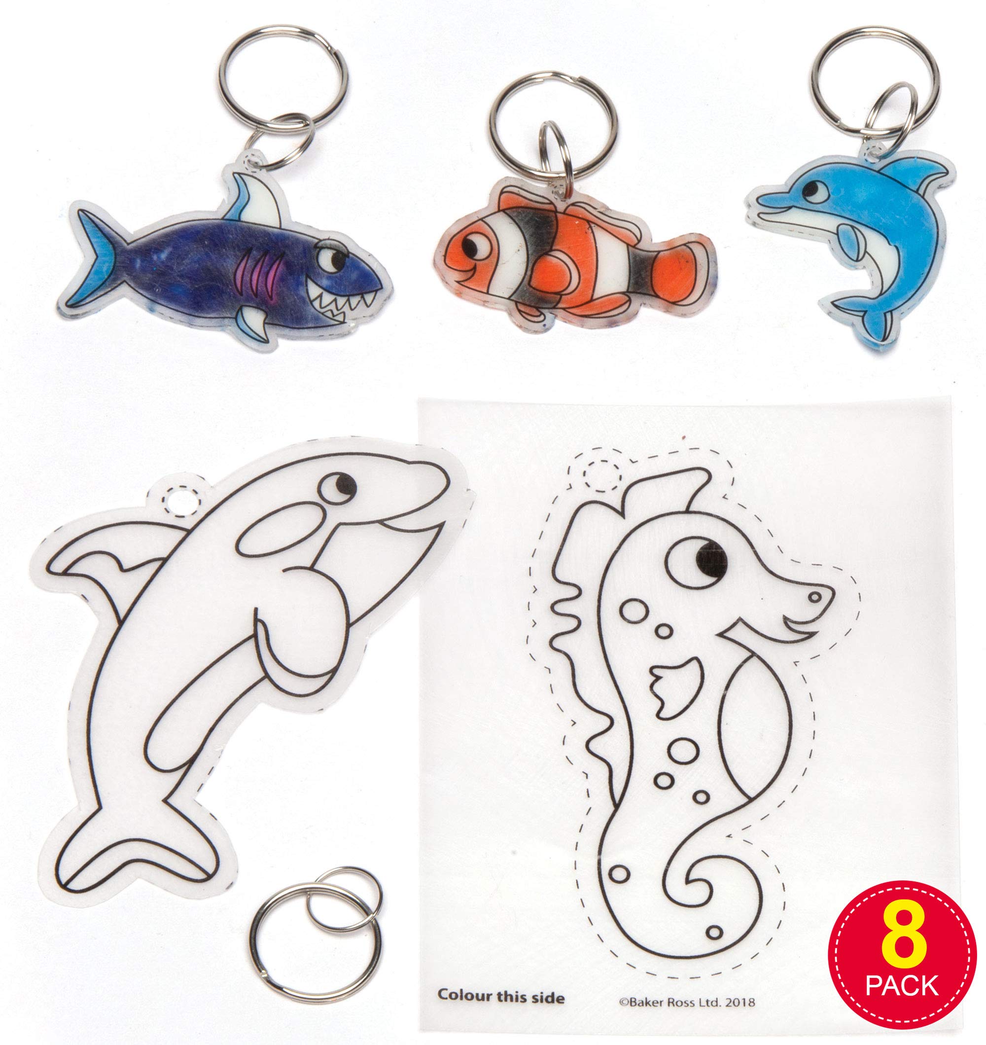 Baker Ross AW393 Sealife Super Shrink Keyrings (Pack of 8), White, 19 x 12 x 0.8 cm; 70 Grams