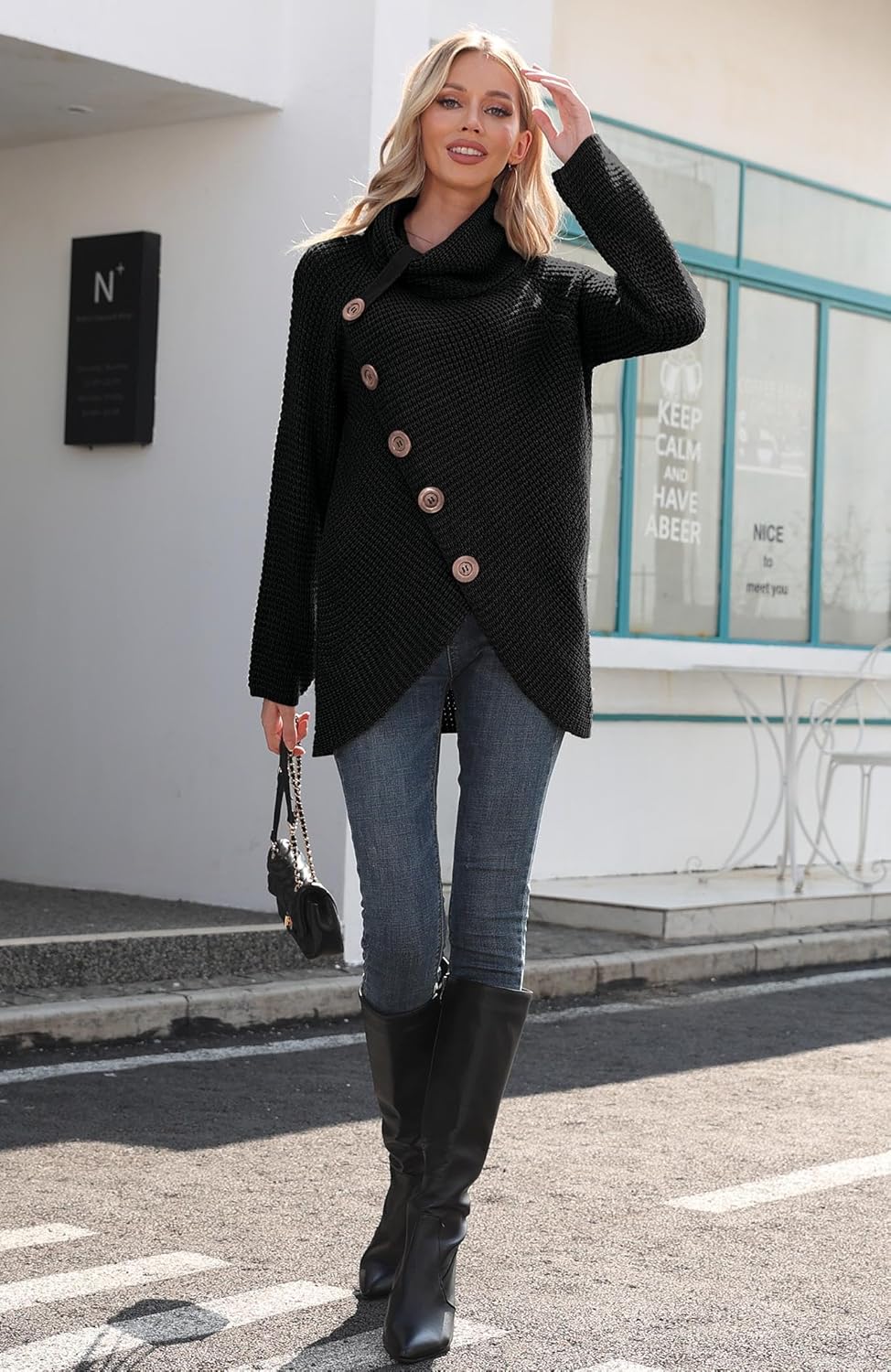 GRECERELLE Women's Fall Chunky Turtleneck Long Sleeve Asymmetric Hem Loose Knit Pullover Sweaters Tops, S-2XL - Image 2