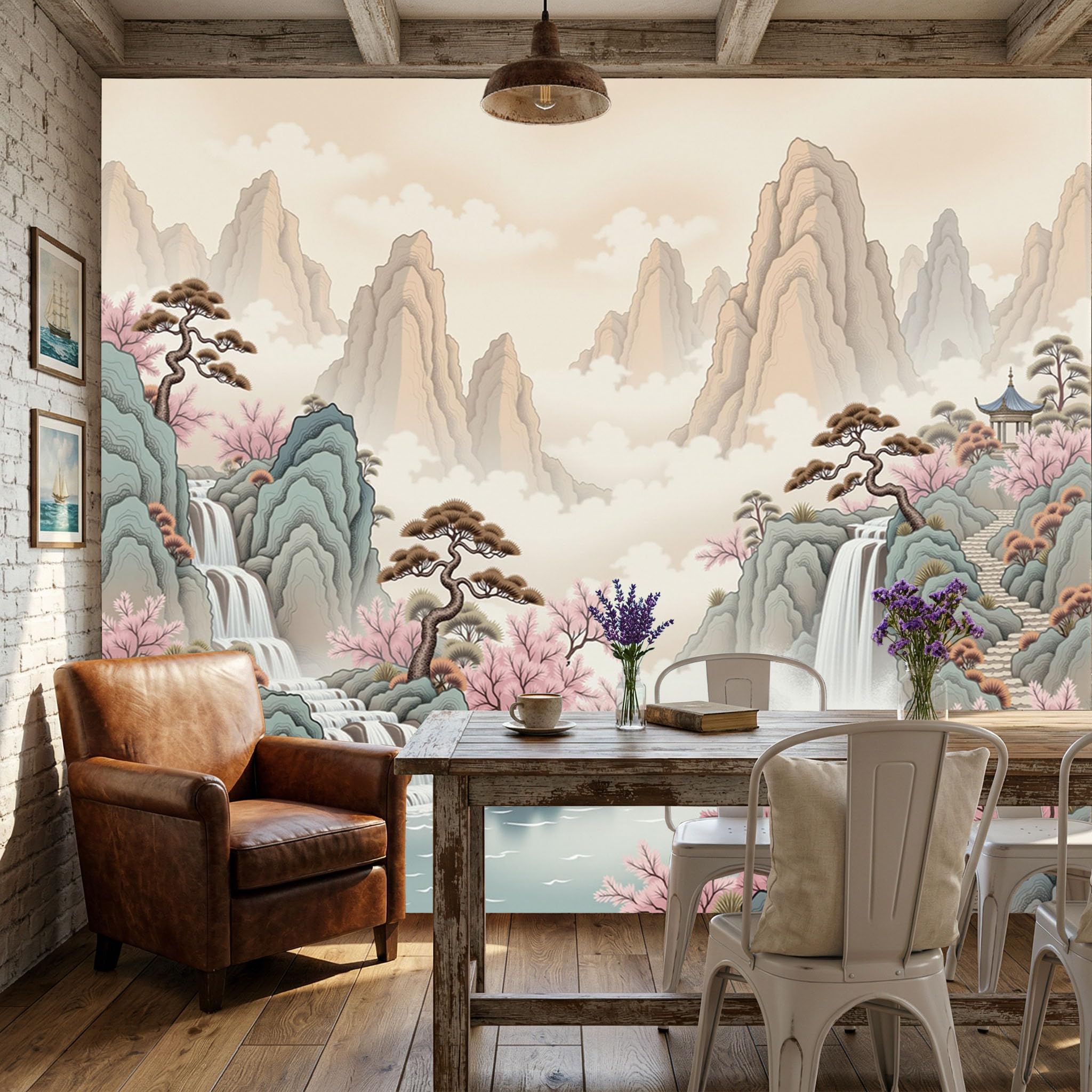 Papier peint paysage oriental beige pour décoration murale 3D de chambre et salon