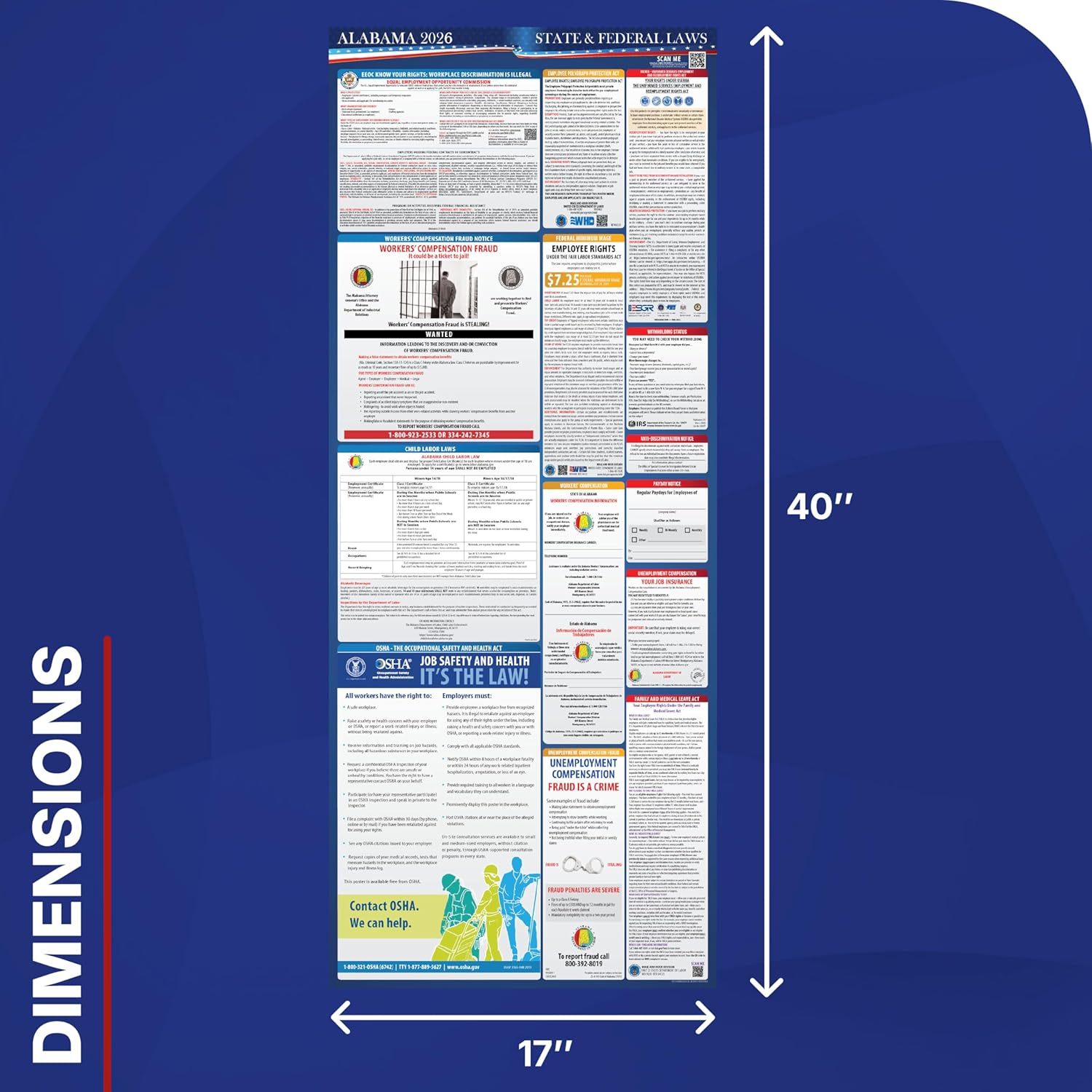 2026 Alabama State and Federal Labor Law Poster - OSHA Workplace Compliant - Mandatory Regulations Posting for Employees - All in One Required Compliance Posting 17" x 40" - Laminated (English) - Image 2