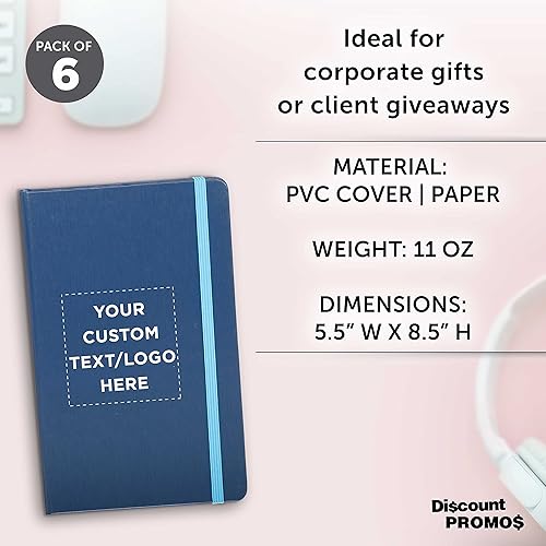 Miniatura 4 de DISCOUNT PROMOS Juego de 6 cuadernos de tapa dura personalizados con banda elástica de colores, paquete personalizado a granel, perfecto para la