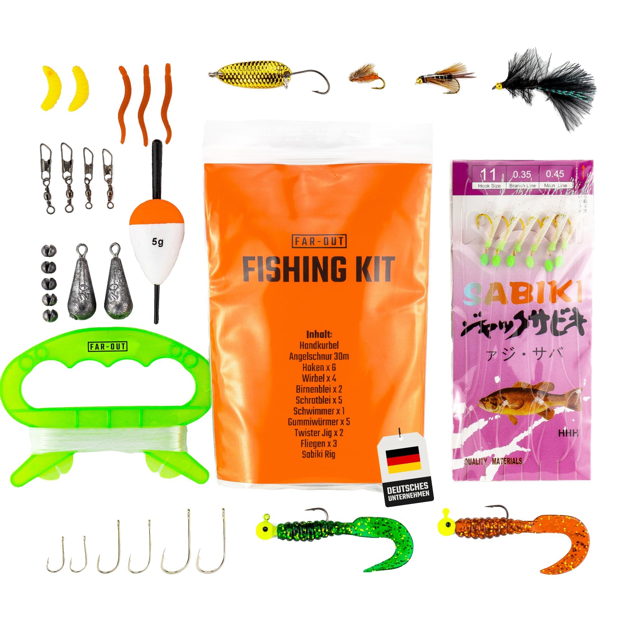 FAR-OUT Survival Angelset - Outdoor Bushcraft Mini Fishing Kit - Kompaktes Überlebens Angel Kit