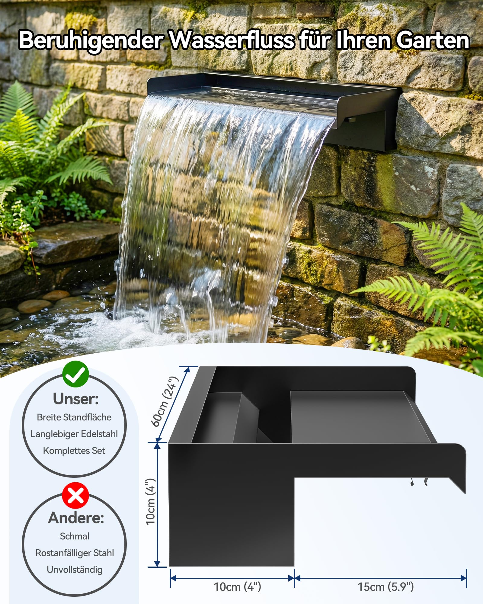 POPOSOAP Kit de Cascada para Estanque, Desagüe de Acero Inoxidable 60cm, Bomba de Agua 4500 L/h, Luces LED con Mando a Distancia y Tubo Corrugado 3m, Adecuado para Estanques Exteriores hasta 12 m²