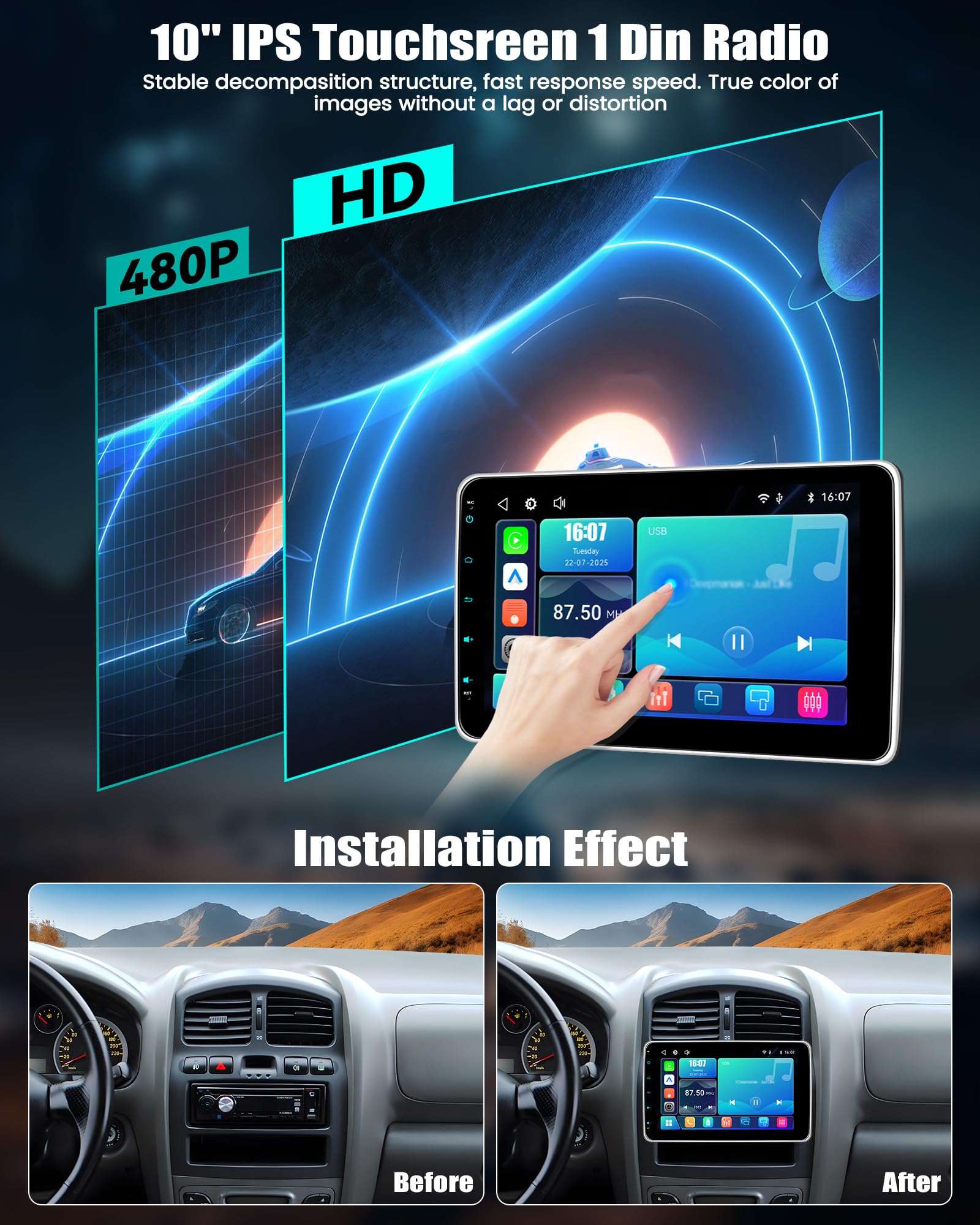 CAMECHO [CARPALY] 1 DIN YouTube Autoradio da 10'' con Schermo Rimovibile e Regolabile, WIRELESS Car Play MP5 per auto con Android Auto Bluetooth FM/RDS EQ Mirror Link +Telecamera