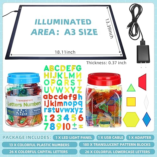 Miniatura 2 de Kanayu Panel de luz LED de brillo ajustable con patrón translúcido, bloques de letras y números coloridos para niños, juego sensorial, exploración