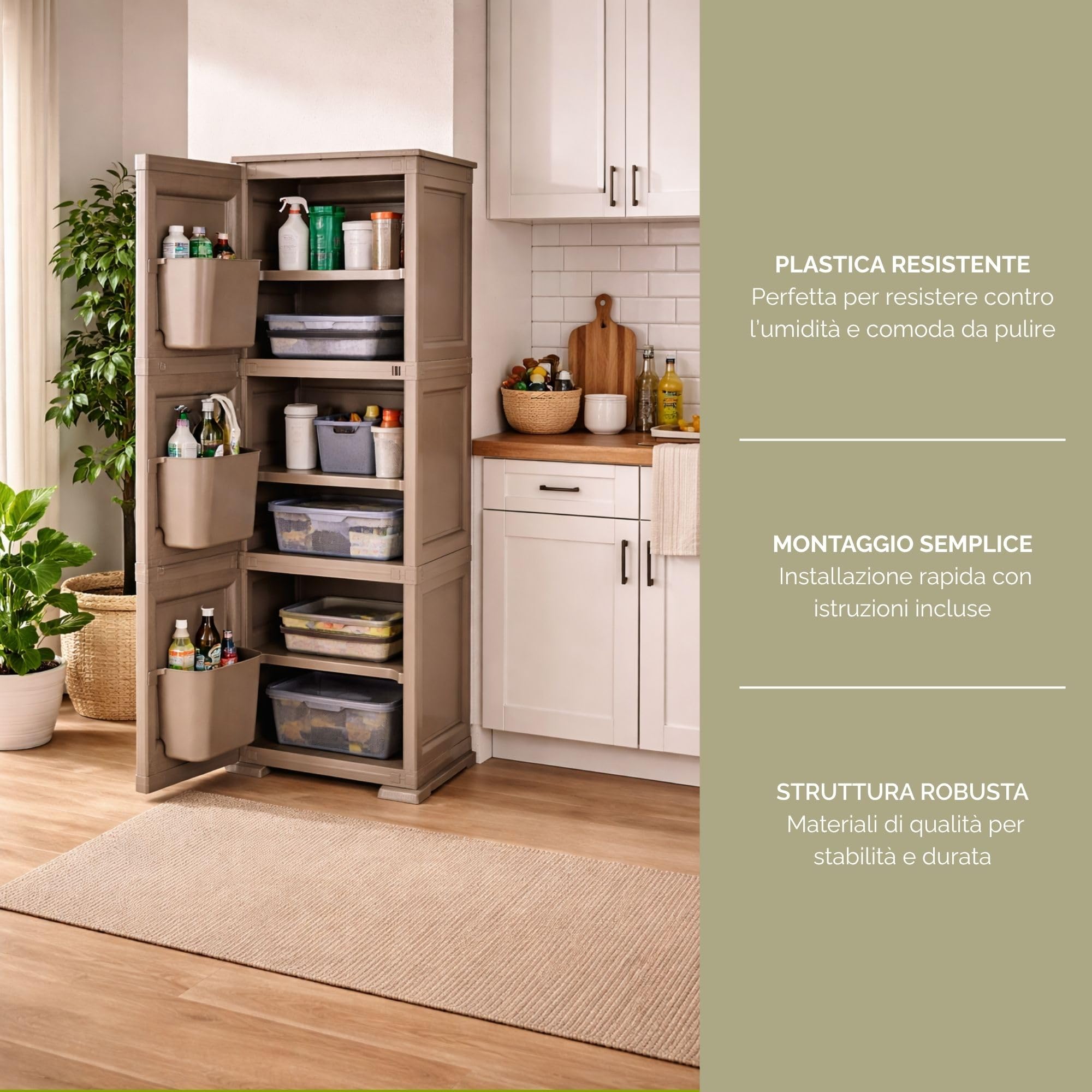Armadio a Colonna in Plastica 40 x 43 x 125 cm con 3 Moduli, Anta e 3 Tasche Laterali – Mobile Multiuso Salvaspazio per Organizzazione Casa (Taupe)