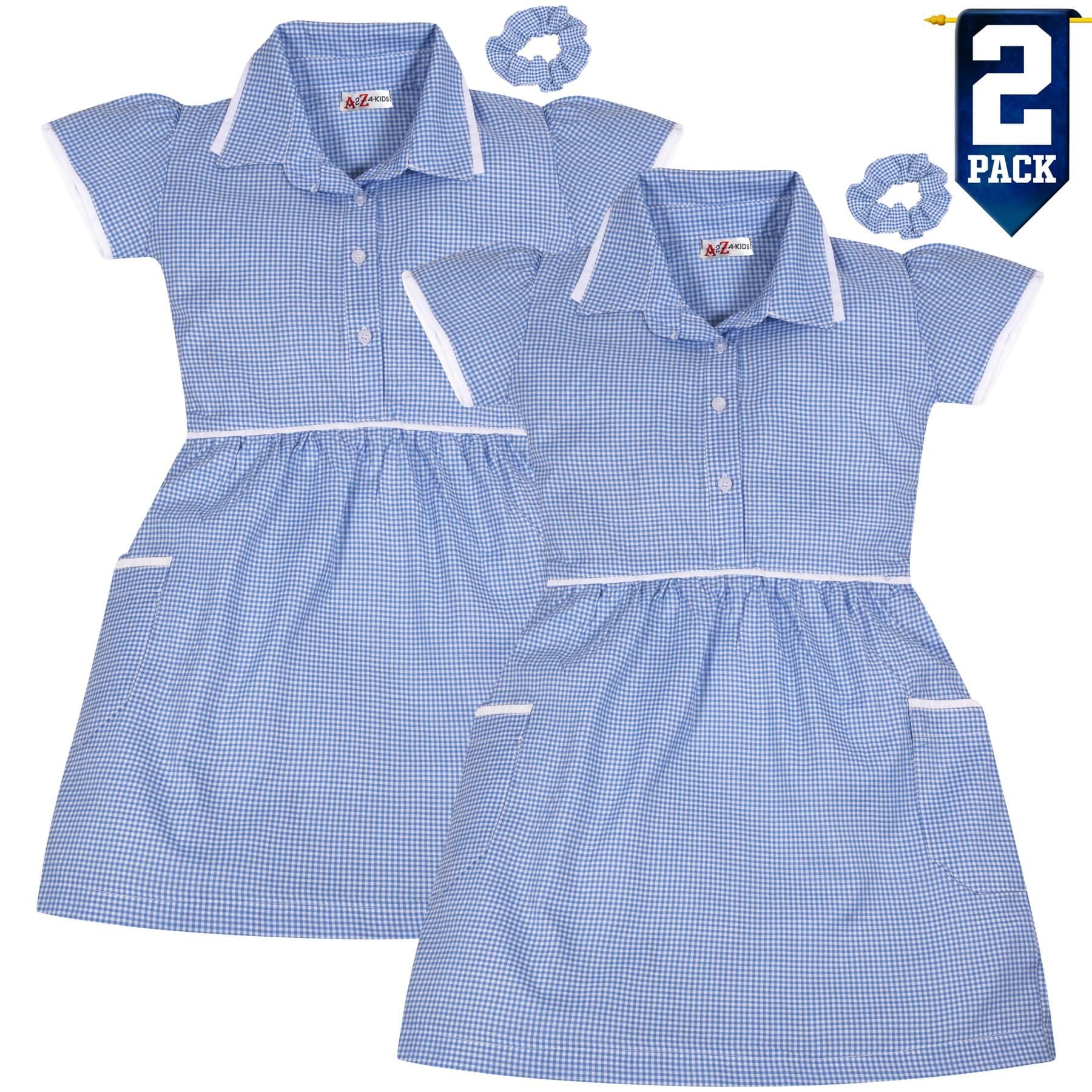 A2Z 4 Kids Mädchen Packung Mit 2 Uniform Schule Kleid Weich Bequem Gingham Kariert Sommer Schulen Kleider Mit Passenden Haargummis Alter 2-14 Jahre
