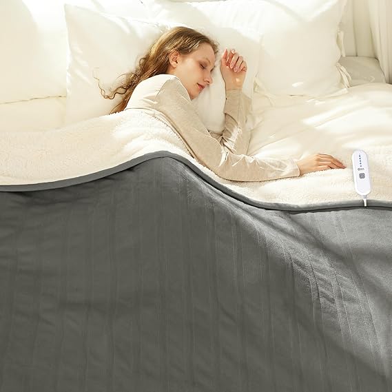 Electric Heated Blanket Twin 62" x 84" - Soft Cozy Flannel Sherpa Electric Blanket with 5 Heating Levels & 10 Hours Auto Off, Heating Blanket as a Gift for Grandma, ETL Certified (Grey)