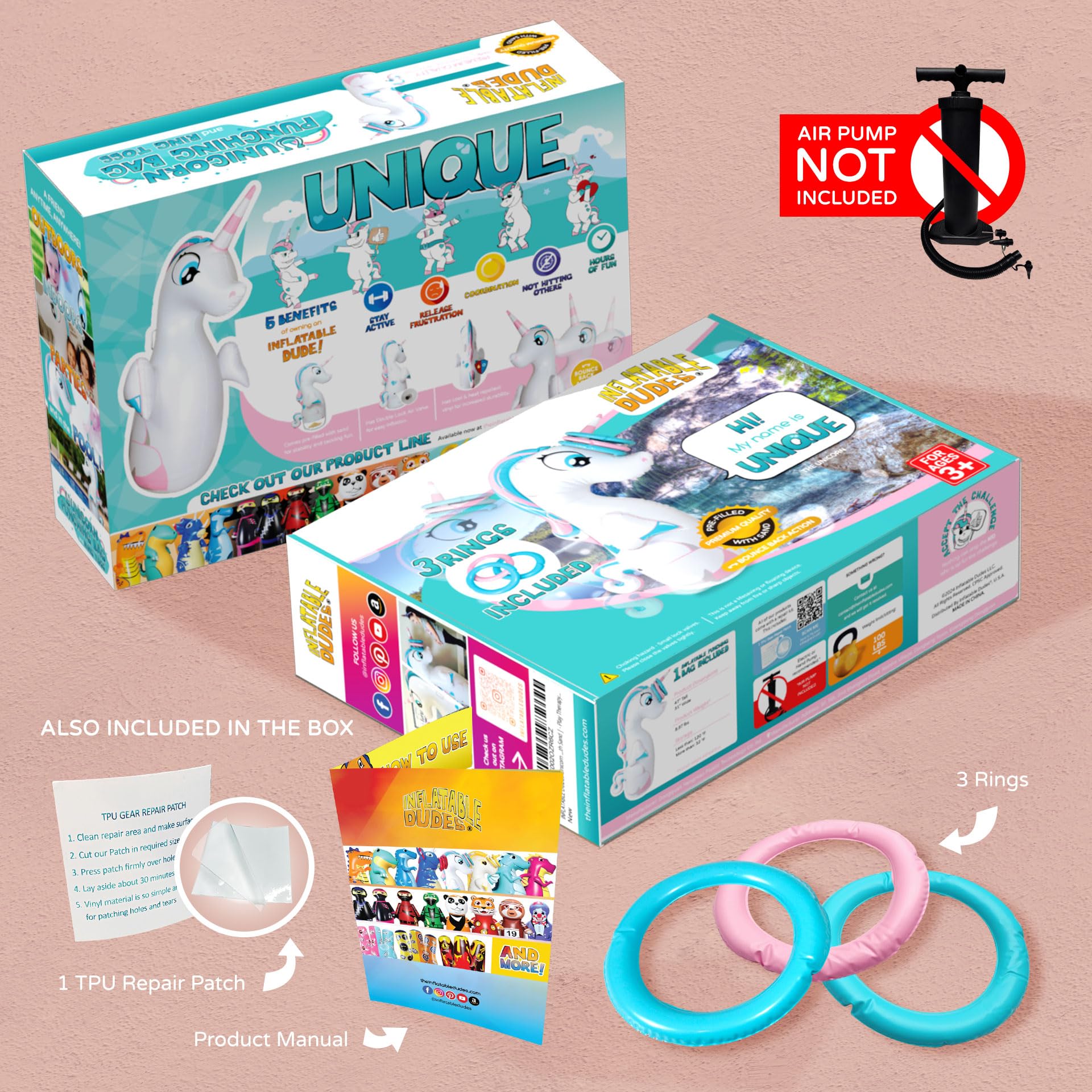 INFLATABLE DUDES Unicorn (Unique) 47 Inches - Bop Bag |Ring Toss with 3 Inflatable Rings| Kids Punching Bag | Boxing - Ride-on Toy + Handles| Already Filled with Sand | - Play Therapy…