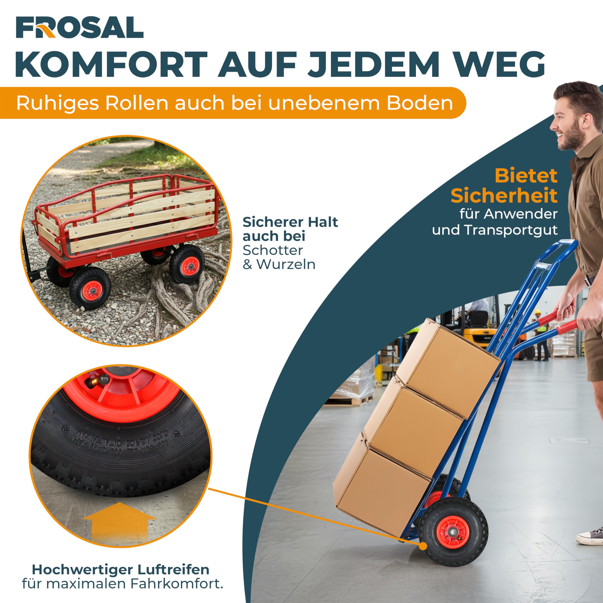 FROSAL Ersatzräder 260 mm (3.00-4) – 2er-Set – luftbereifte Räder mit Rollenlager – Ø 260 × 85 mm auf roter Kunststofffelge – für Ø 20 mm Achsen & 75 mm Nabenlänge – für Bollerwagen & Sackkarre