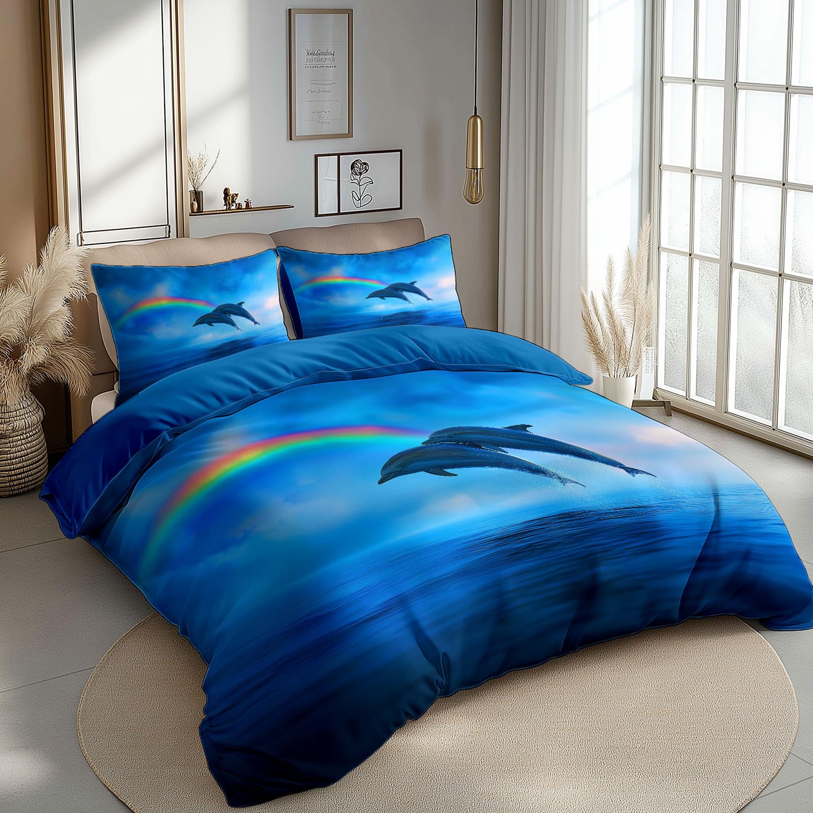 Juego de cama de 155 x 220 cm con funda de almohada, diseño de delfín
