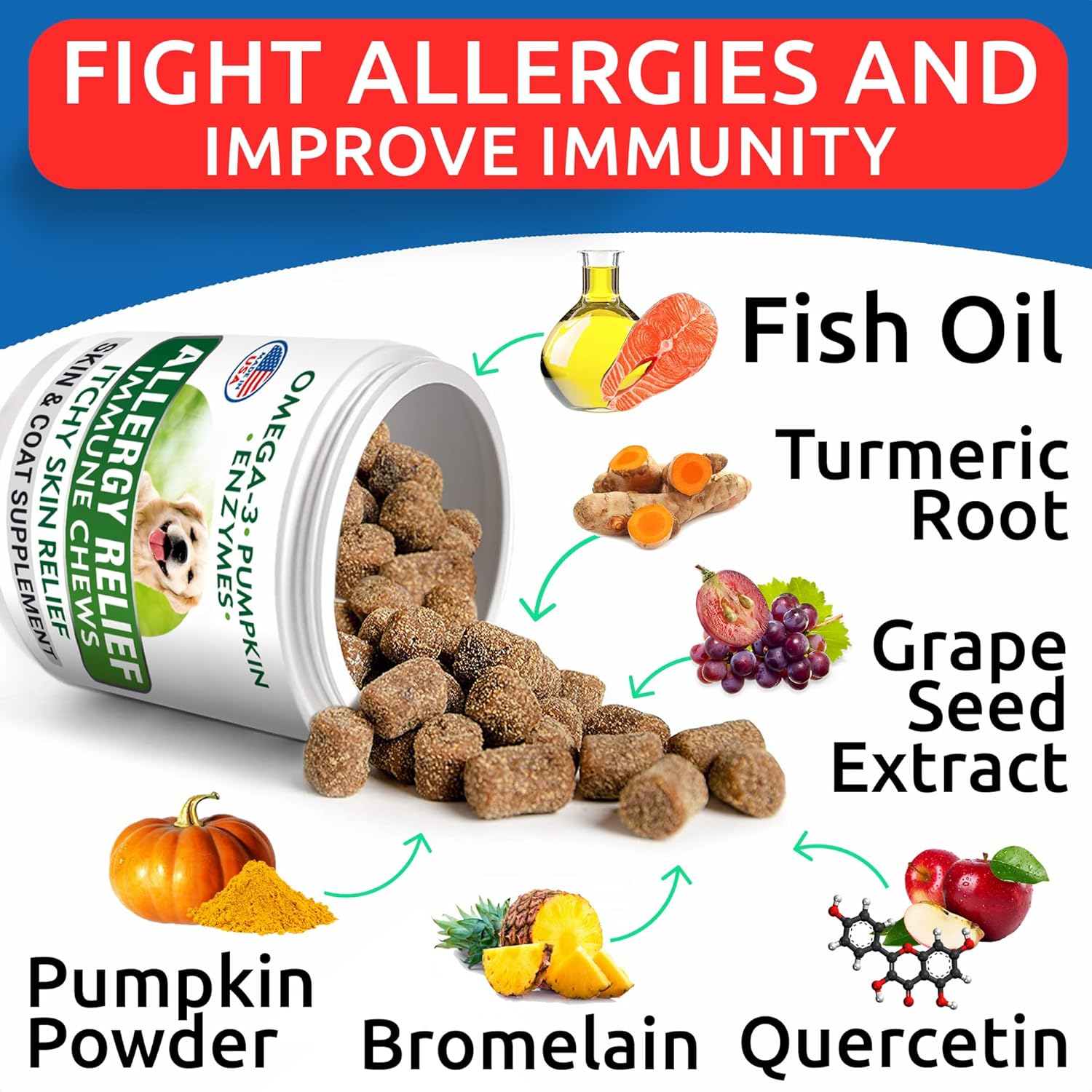 BARK&SPARK Dog Allergy Relief Chews (360 Immune Treats) - Anti-Itch Skin & Coat Supplement - Omega 3 Fish Oil - Itchy Skin Relief Treatment Pills - Itching&Paw Licking - Dry Skin & Hot Spots - Chicken