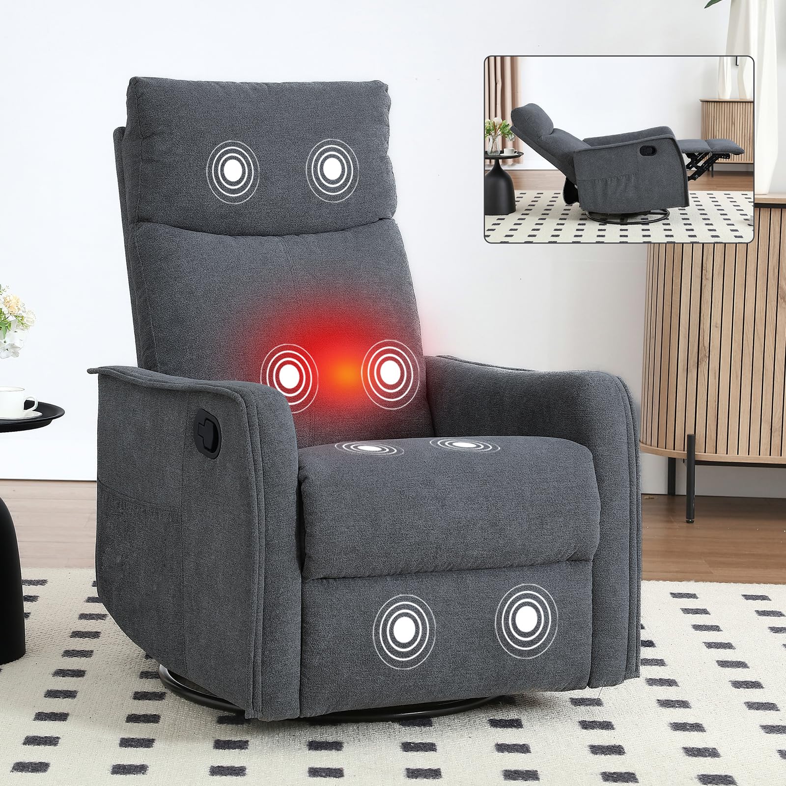 Rocking Recliner Chair with Heat and Massage, 360° Swivel Glider Rocker with Reclining Backrest and Footrest, Modern Nursery Rocking Chairs for Adults
