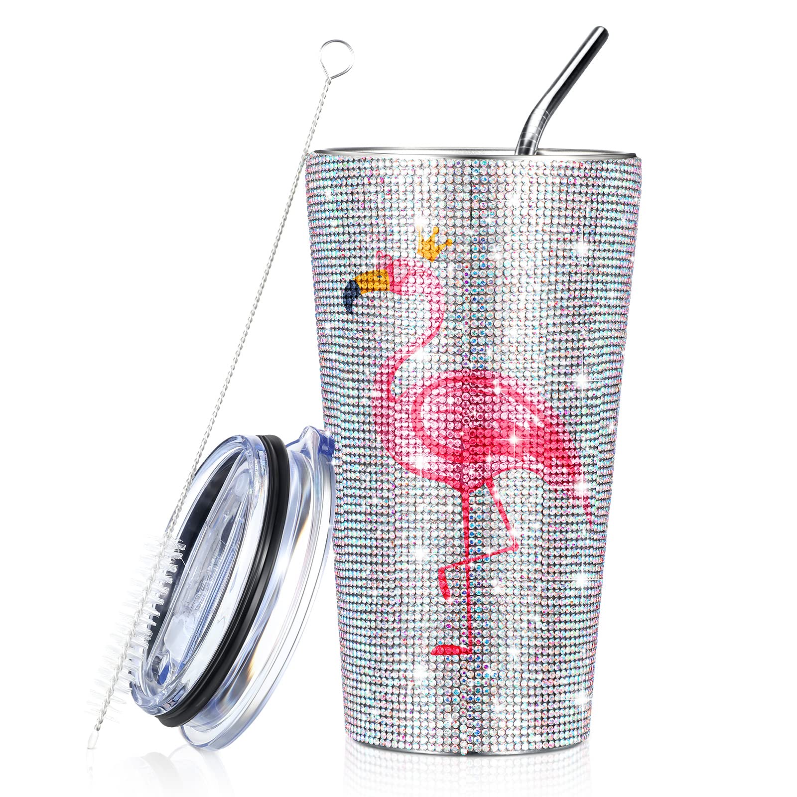 16 oz Flamingo Cup Bling Tumbler with Lid and Straw Rhinestone Water Bottle Stainless Steel Vacuum Insulated Coffee Cup Glitter Crystal Mug for Women Girls Christmas Gift (with Crown)