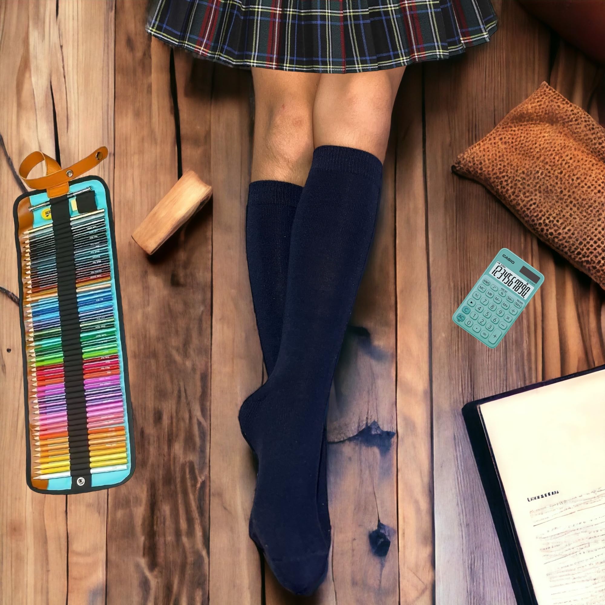 3 paires de chaussettes hautes pour fille ou garçon pour uniforme scolaire - Chaussettes longues pour enfants - Chaussettes longues écolières - Chaussettes en coton bleu marine