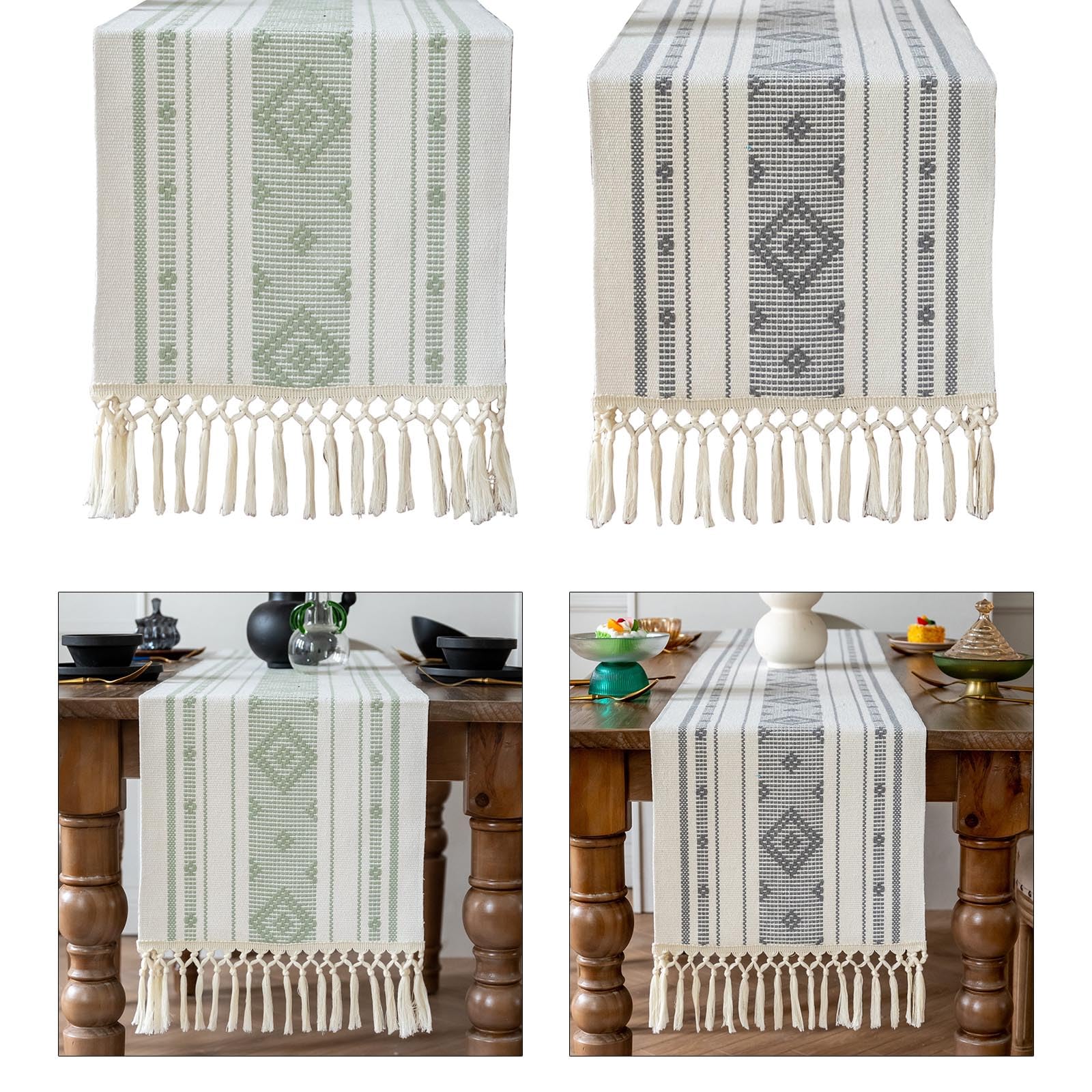 Runner da tavola natalizio in cotone intrecciato con nappe, rettangolare, 35 x 182 cm