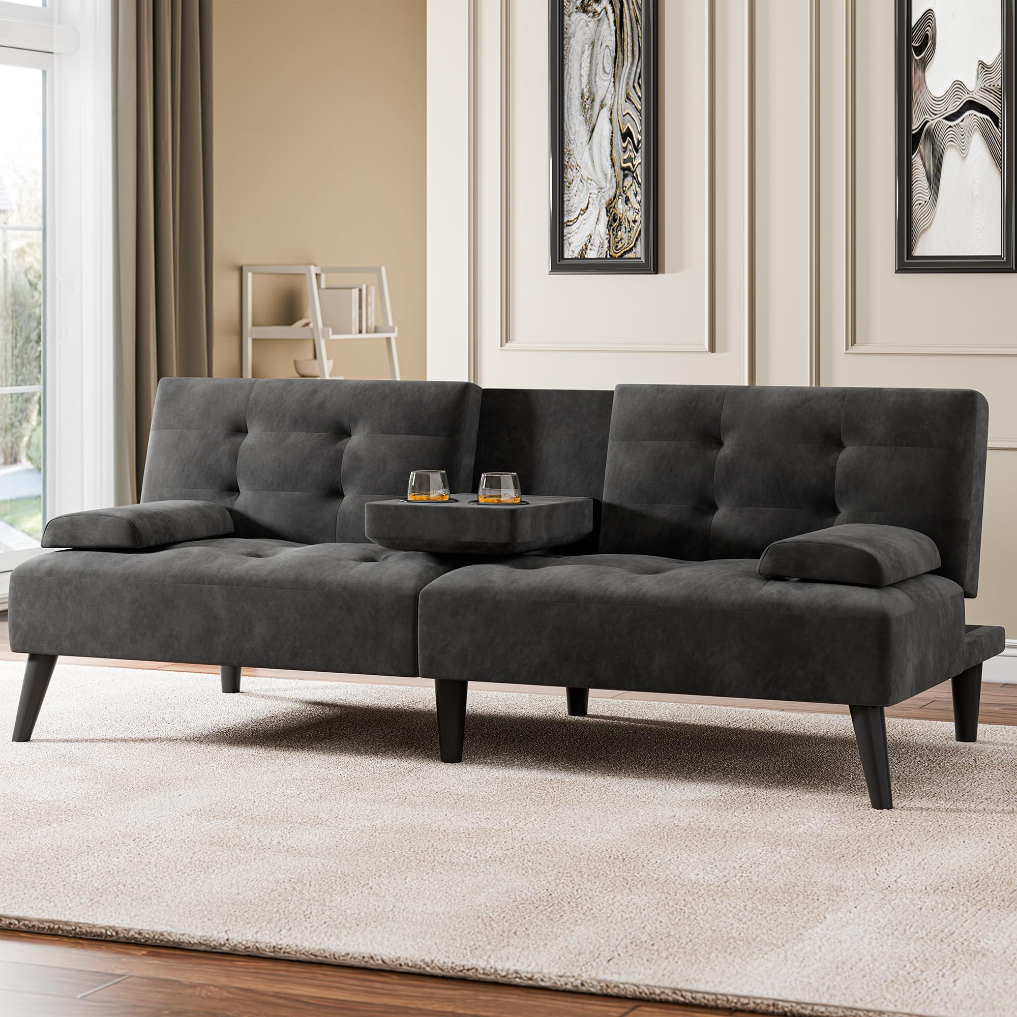 64" Futon Sofa Bed, Convertible Loveseat with 2 Cup Holders, Small Couch with 3 Adjustable Angles, Removable Armrests, Small Sofa for Apartment, 5.3 FT, Black