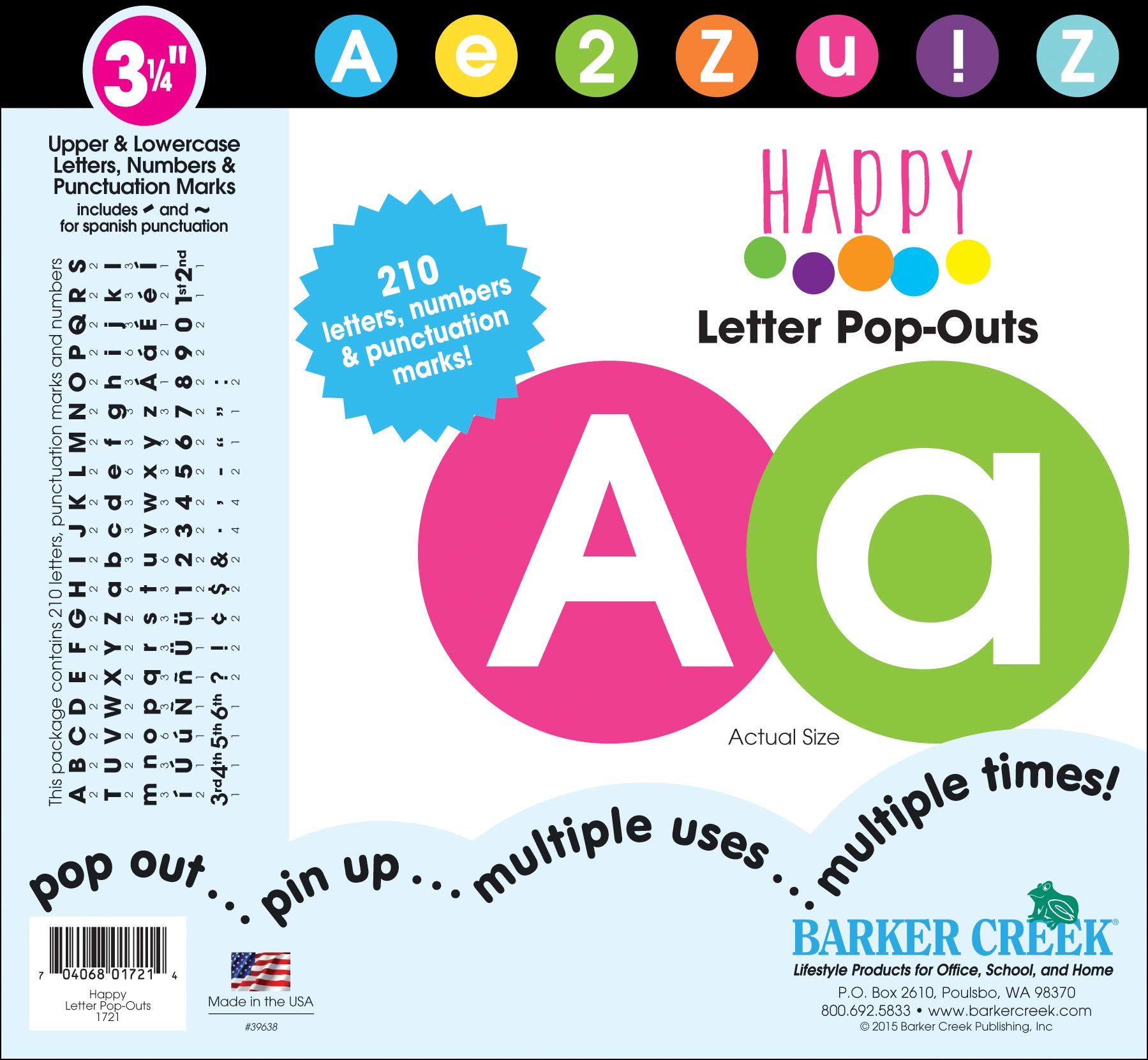 BARKER CREEKLetter Pop-Outs, 3.25" Happy, Multicolor Designer Letters for Bulletin Boards, Breakrooms, Reception Areas, Signs, Displays, And More! 3.25" 210 Characters per Set (1721)