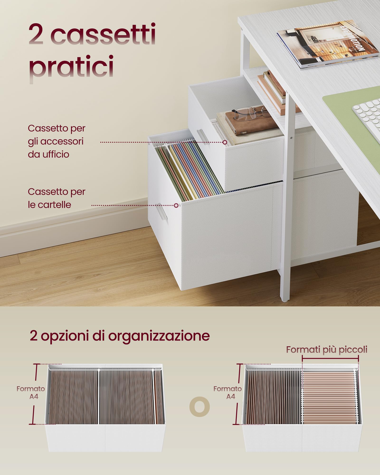 VASAGLE Scrivania per Computer, Tavolo da Ufficio, Scrivania con 3 Ripiani, 2 Cassetti, 140 x 60 x 76 cm, per Ufficio, Soggiorno, Stile Moderno, Bianco Acero e Bianco Nuvola LWD104WF01
