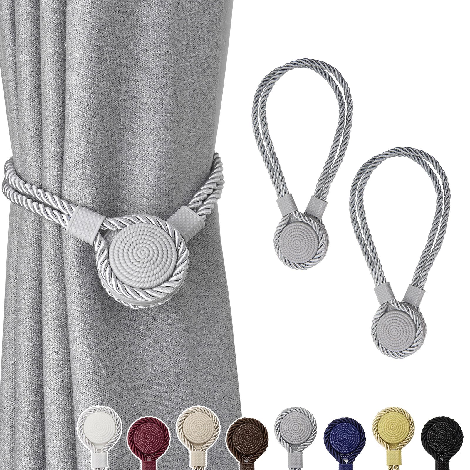 NICEEC 2 Pack Strong Magnetic Curtain Tiebacks Unique Medal Shape Decorative Drape Tie Backs Elegant Hand-Woven Rope Curtain Holdbacks for Home & Office Draperies Decor (Grey)