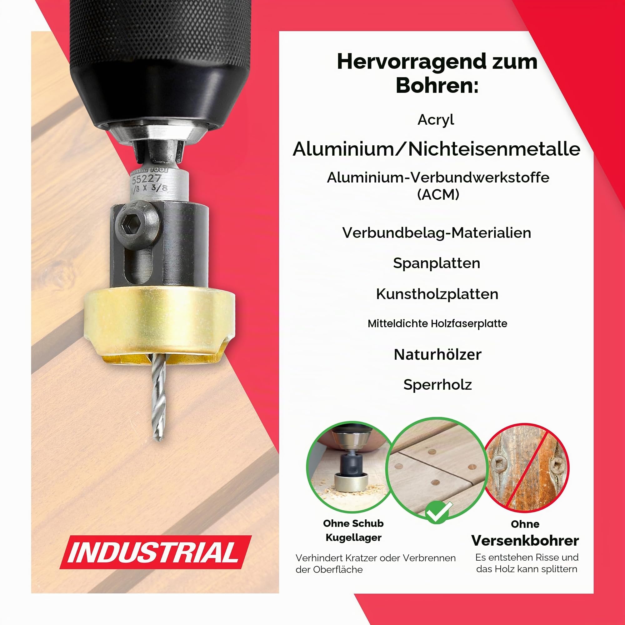 Amana Tool 55227 Kegelsenker-Set mit Hartmetallbestückt, 82 Grad, mit verstellbarem Bohrer-Tiefenanschlag und Kugellager, 3/8 Durchmesser x 1/8 Bohrdurchmesser x 1/4 Zoll Schnellspann-Sechskantschaft