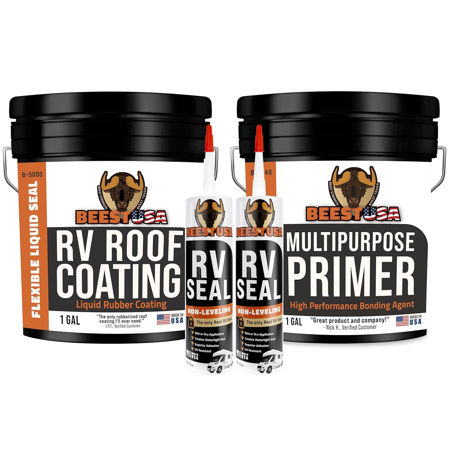 BEEST RV Roof Repair System – 2-Pack Non-Leveling Sealant, Reflective White Coating & Multi-Surface Primer | Complete Waterproofing Kit for Campers, Trailers & Motorhomes