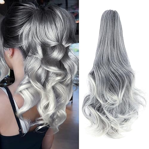 Miniatura 31 de Felendy - Extensión de cola de caballo con pinza de garra, 18 a 20 pulgadas, gran cola de caballo ondulada para mujer, rubio ceniza