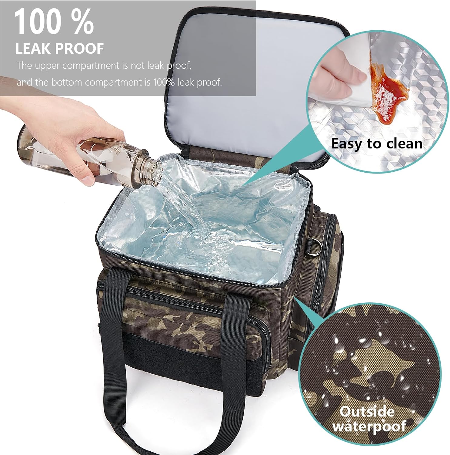 Tactical Lunch Box for Men, Insulated Bag Adult, Thermal Lunchbox Leakproof Waterproof Cooler Bag, Dual Compartment tote, Large Pail Work Office Camping Travel(Black Camo) - Image 6