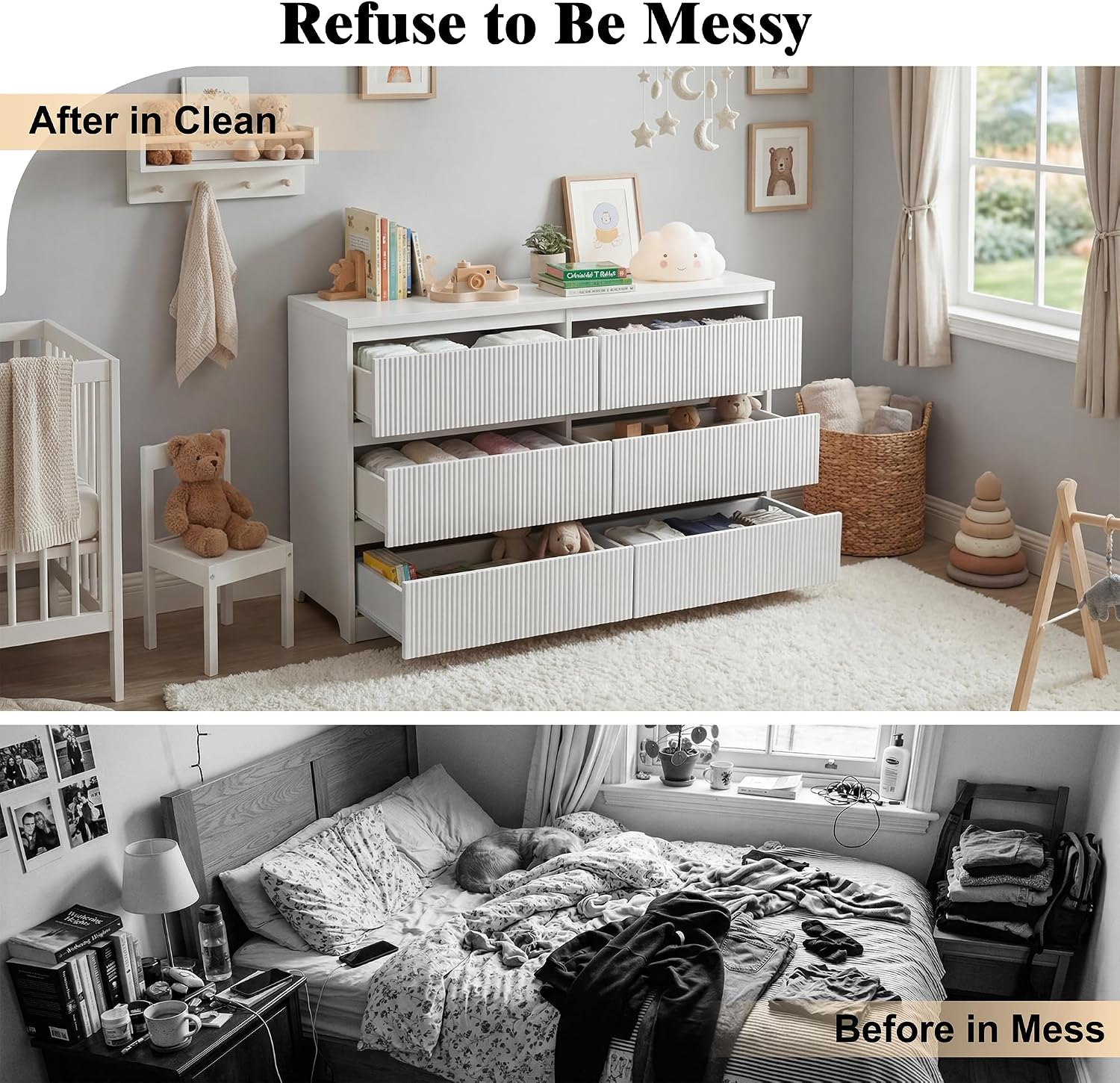 Fluted Dresser with 6 Drawer, 47" Modern Chest of Drawers for Bedroom Wooden Dresser TV Stand, Wood Closet Clothes Storage Organizer for Living Room, Hallway White