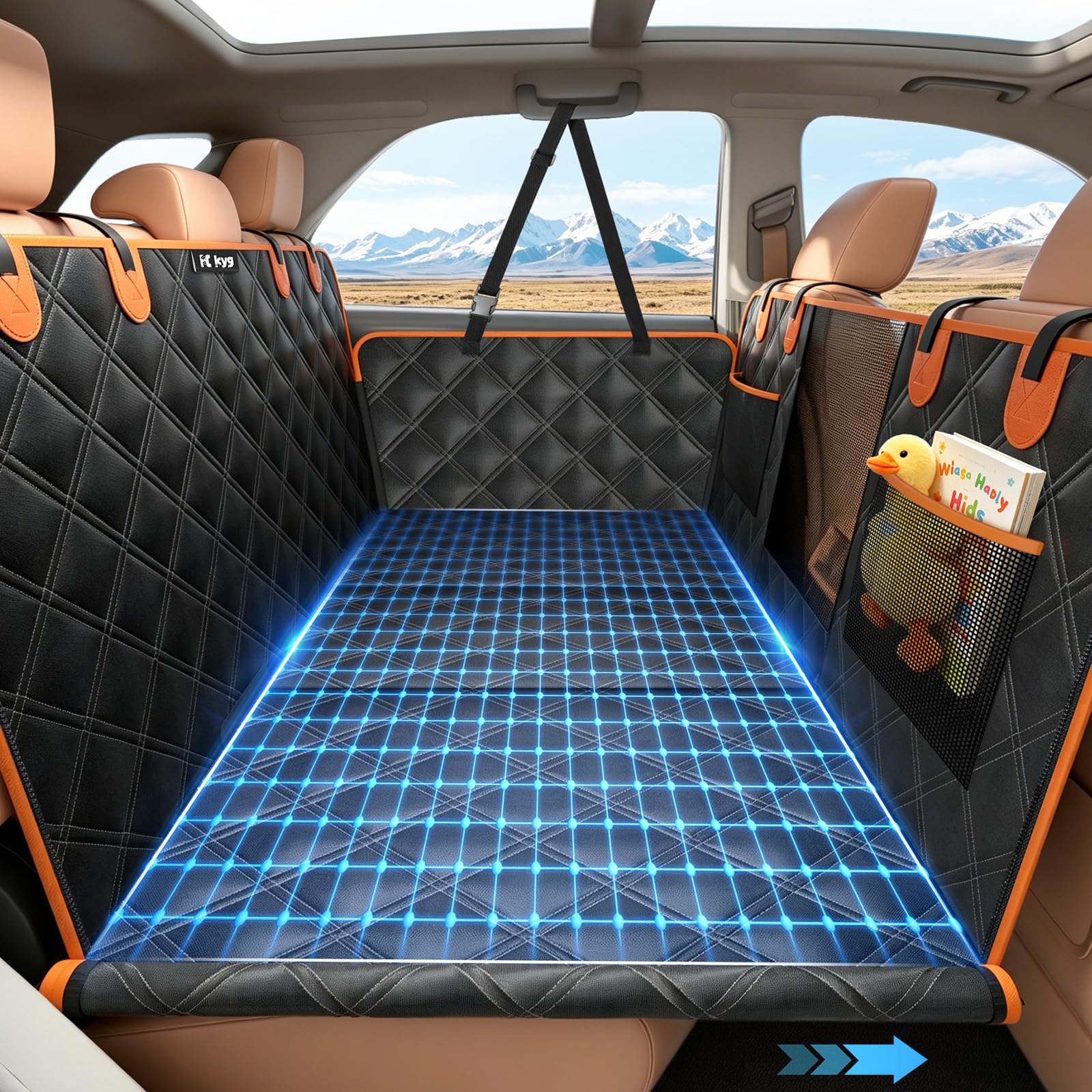 KYG Coprisedile per Cani Con Fondo Rigido, Estensore per Sedile Posteriore, Resistente, Antigraffio e Impermeabile, Telo per Auto e SUV Nero Arancione 132×62×40cm