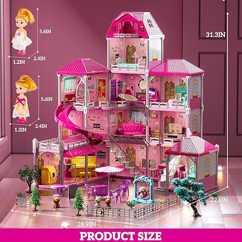 Miniatura 5 de Juego de villa para niñas de 3 a 7 años, 4 pisos y 12 habitaciones con 2 muñecas, muebles y accesorios, juego de interior para niñas de 6 a 8 años,