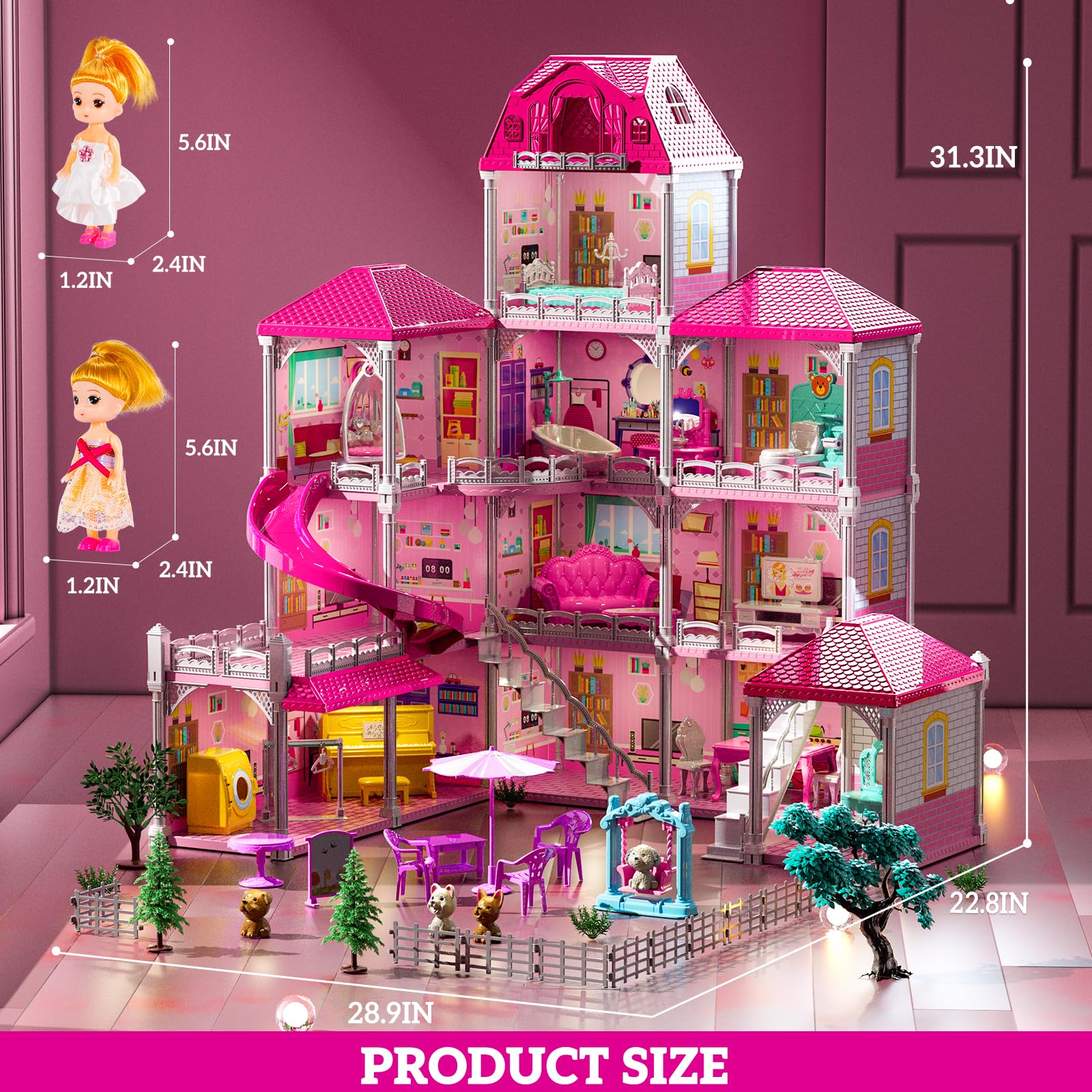 Villa Playset for Girls Ages 3-7, 4-Story 12 Room House with 2 Dolls, Furniture and Accessories, Indoor Playset Girls Toys for Ages 6-8, Pretend Toddler Toy, Birthday Gifts for Kids 4-8