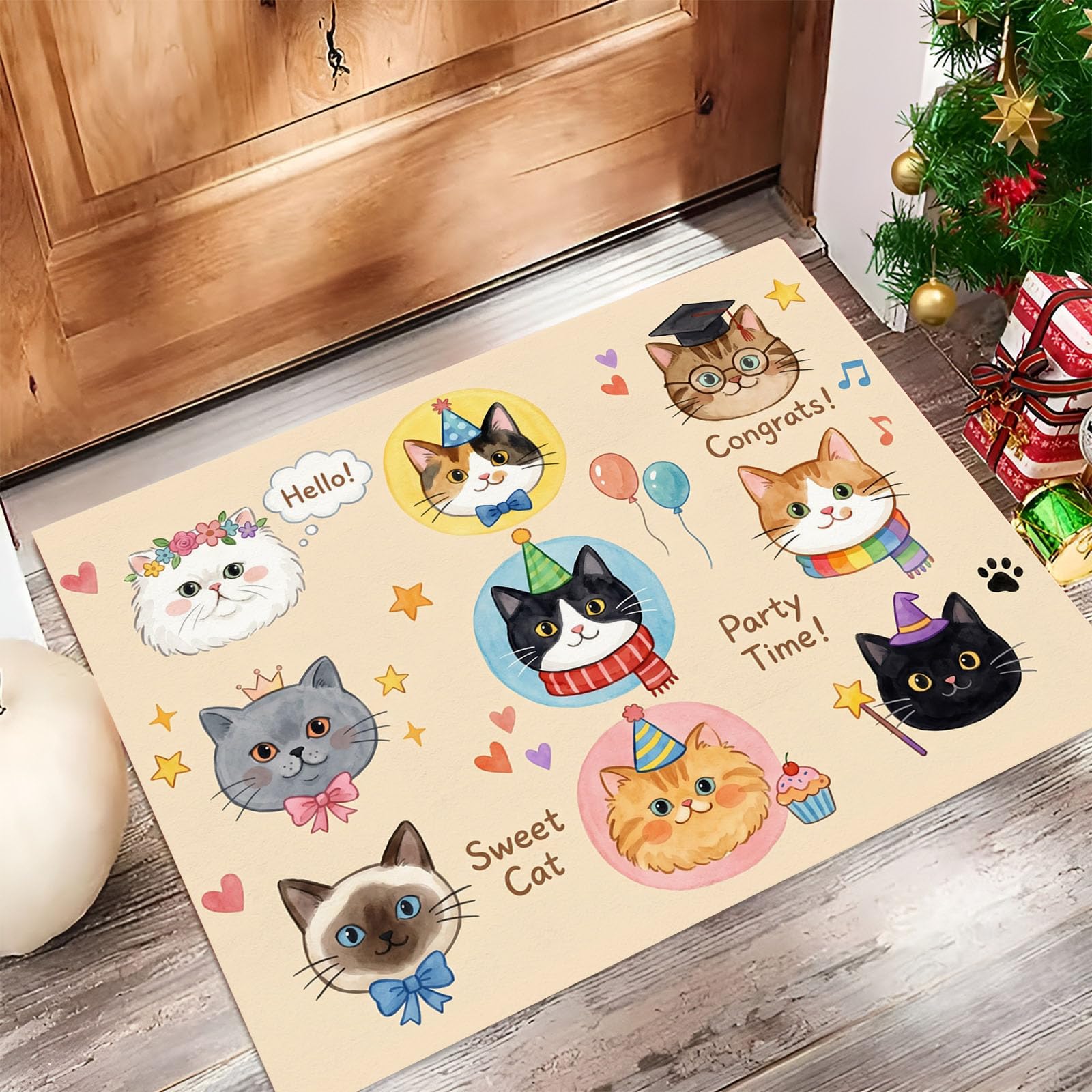 Felpudo Entrada Casa Gato Fiestero 80x120cm | Alfombra de Puerta Cara De Gato De Dibujos Animados, Felpudo de Bienvenida, Antideslizante, Alfombra Decorativa de Perfil bajo para Pasillo y Sala