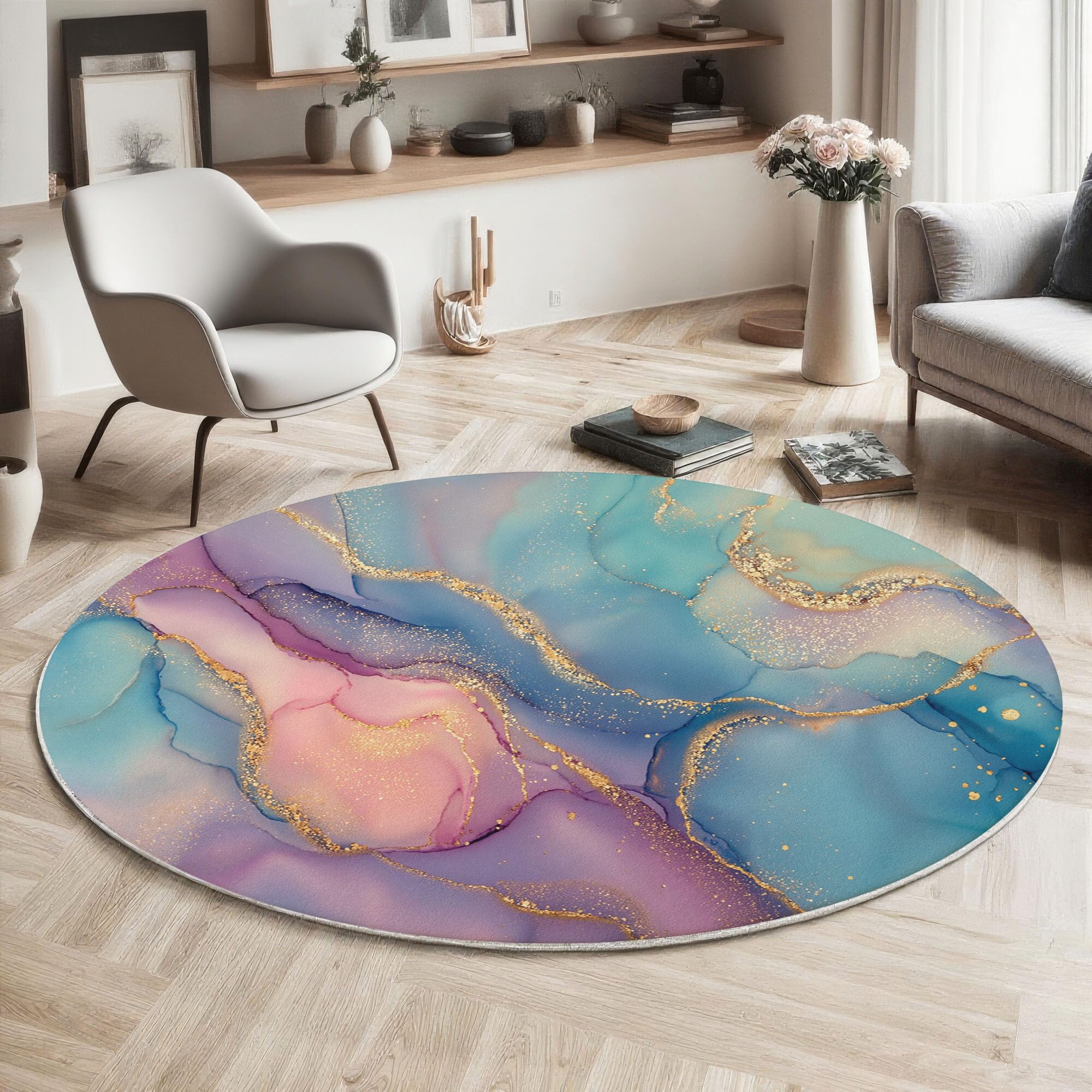 Tapis rond art abstrait 180 cm bleu poudré lavable pour salon