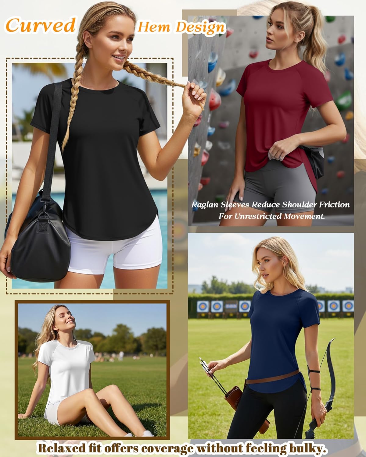 4 Pack Women's Workout Tops Short Sleeve Shirts UV Protection Quick Dry Side Slits Athletic Outfits for Running