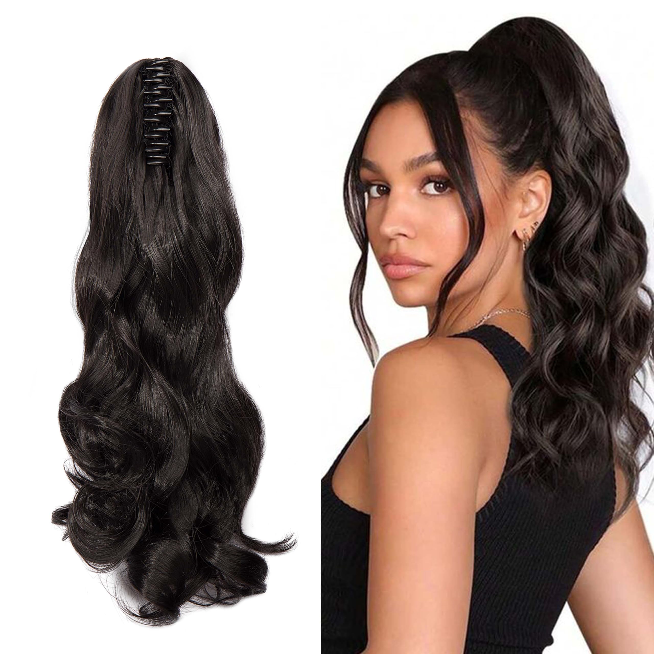 Gairyan Coda Capelli Extension con Pinza Ondulati 50cm Coda di Cavallo Posticci per Capelli Sintetici Claw on Ponytail Ricci Mossi Lunghi per Donna, Marrone Oscuro