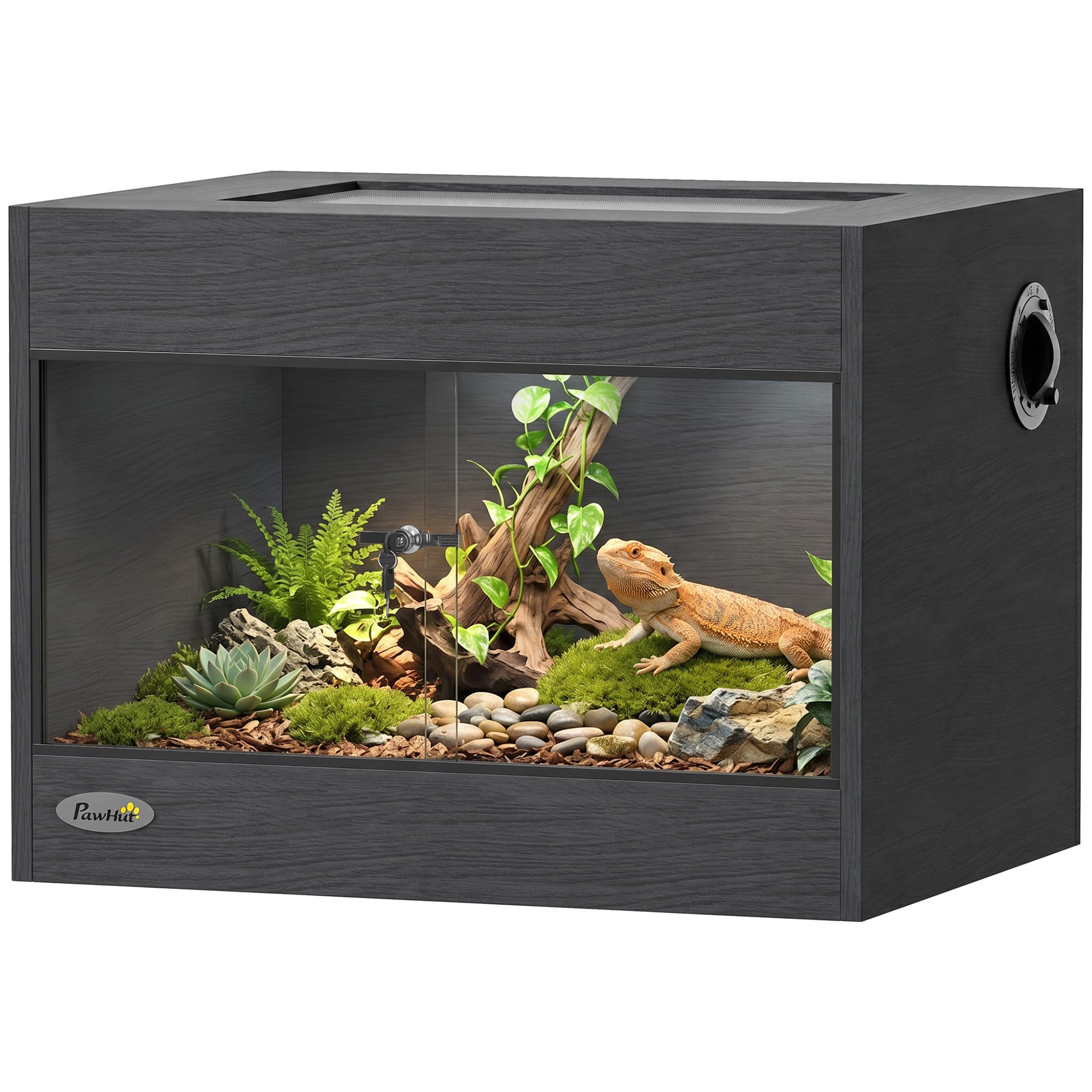 PawHut Terrario per rettili ad alta resistenza per geco 60x45x45cm Nero | Porte vetro scorrevoli, chiusura sicurezza, ventilazione sup., vivario rettili, recinto tarantola, drago barbuto, serpente