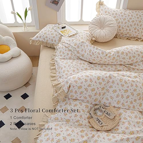 Miniatura 4 de EAVD Juego de edredón floral con volantes estilo jardín francés, tamaño matrimonial, microfibra suave y esponjosa, elegante juego de ropa de cama