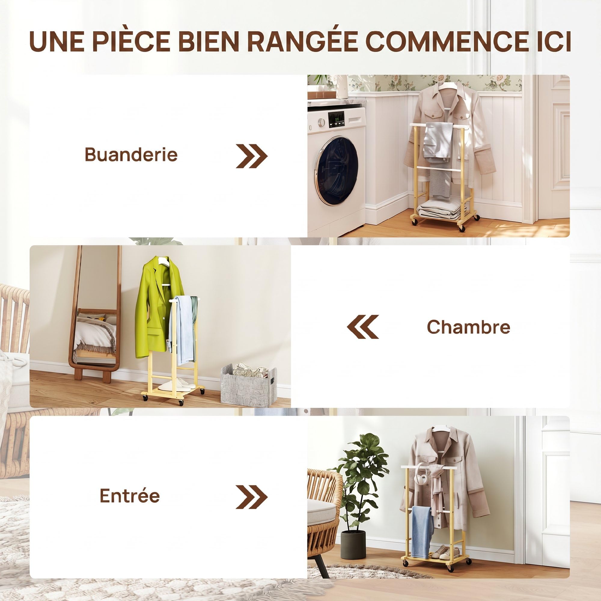 HOMCOM Valet de chambre à roulettes, portant à vêtements en bambou avec cintre intégré, tiges à pantalons et étagère pour chaussures, porte-manteaux pour chambre, buanderie, bois naturel et blanc