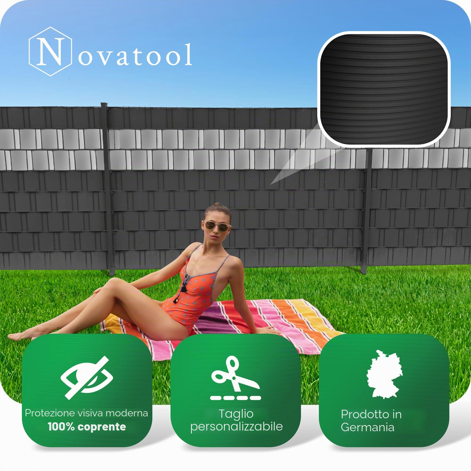 Novatool, rotolo da 25m, striscia di protezione in PP Premium ANTRACITE RAL 7016, 19 cm per 10 file di recinzione a doppia asta, striscia di protezione GRIGIA con scanalature, elementi di recinzione
